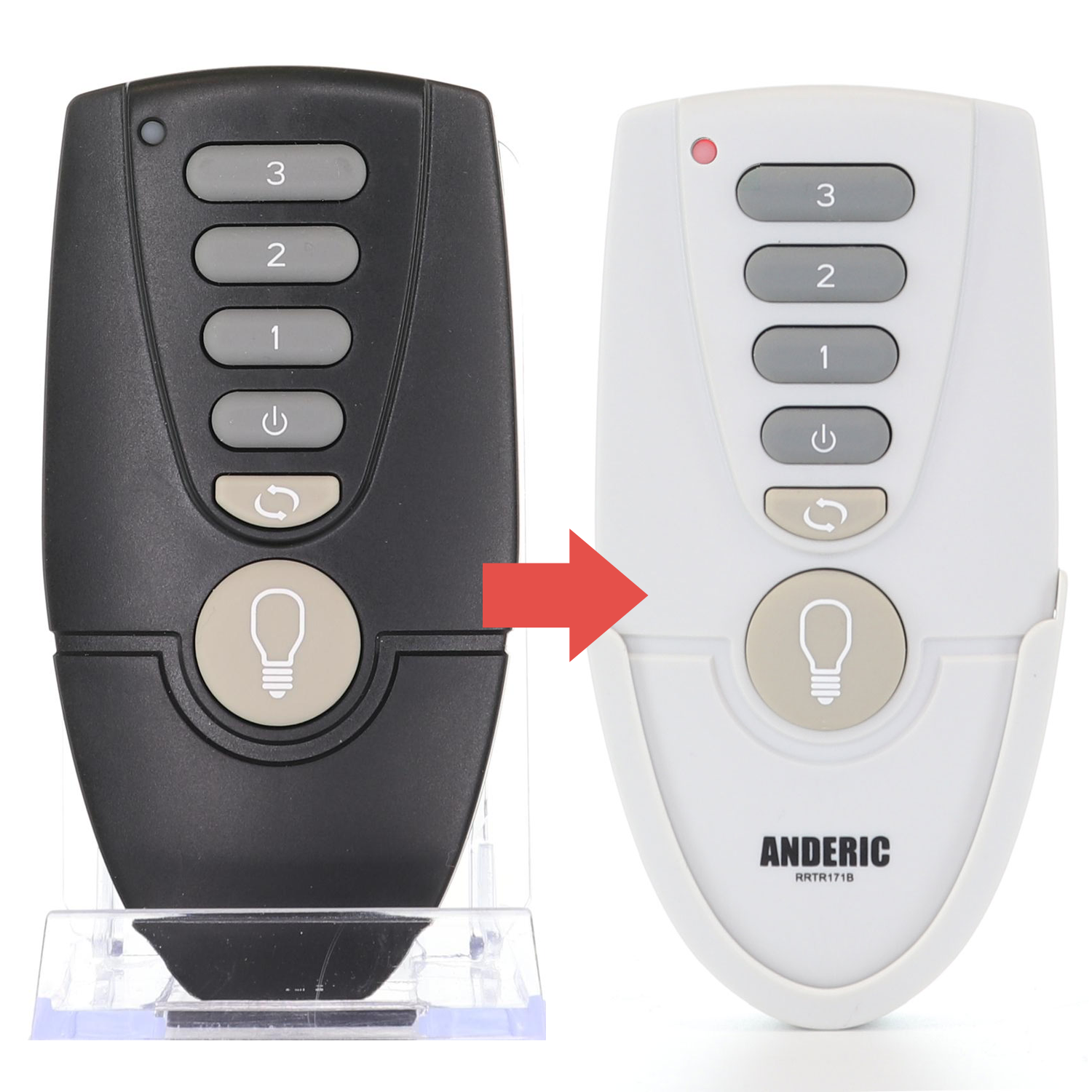 A black Anderic RRTR171B remote and a white Anderic RRTR171B Replacement Ceiling Fan Remote Control for TR171B, KUJCE10205 (White) are shown side by side with an arrow pointing to the white replacement remote.