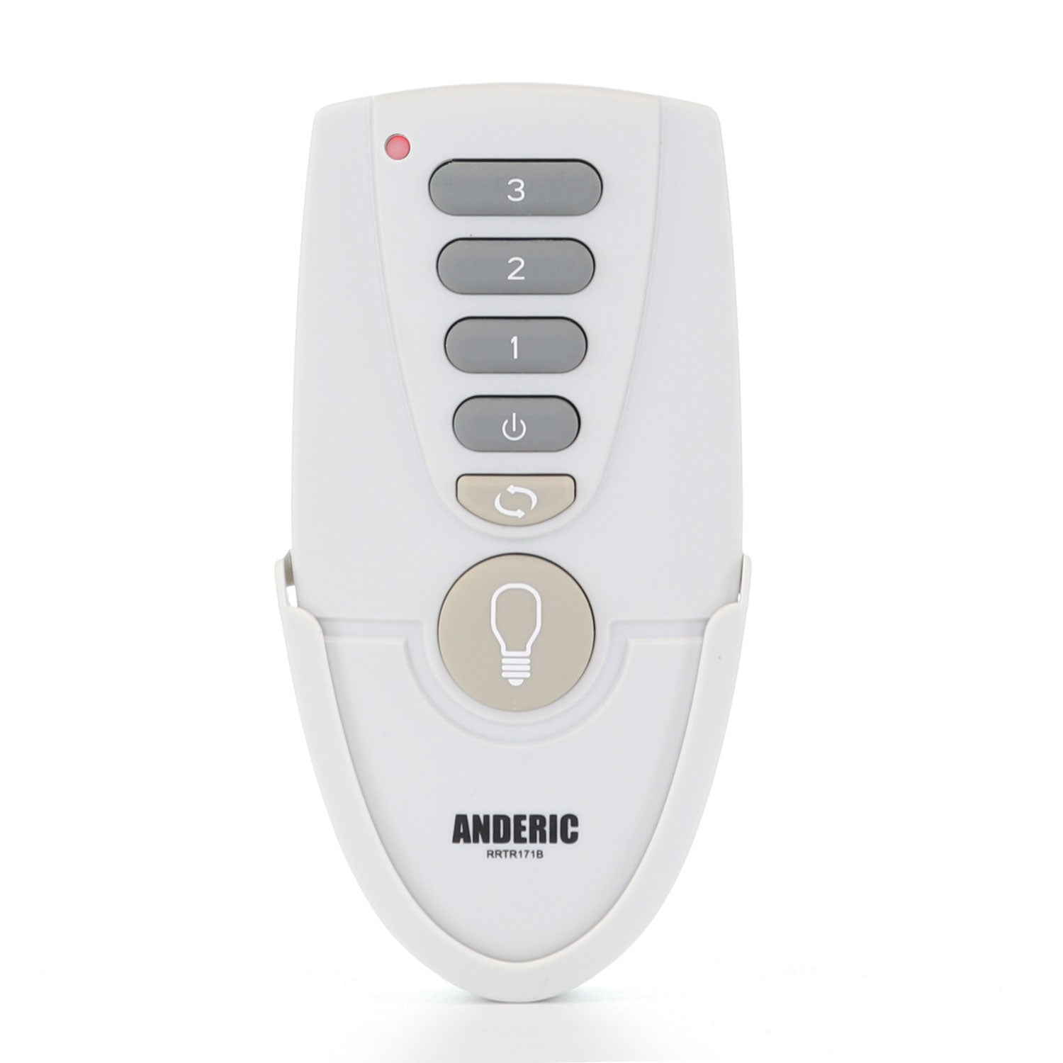 The Anderic RRTR171B Replacement Ceiling Fan Remote Control for TR171B, KUJCE10205 in white features five numbered buttons, a power button, a light bulb icon button, and a red indicator light at the top.