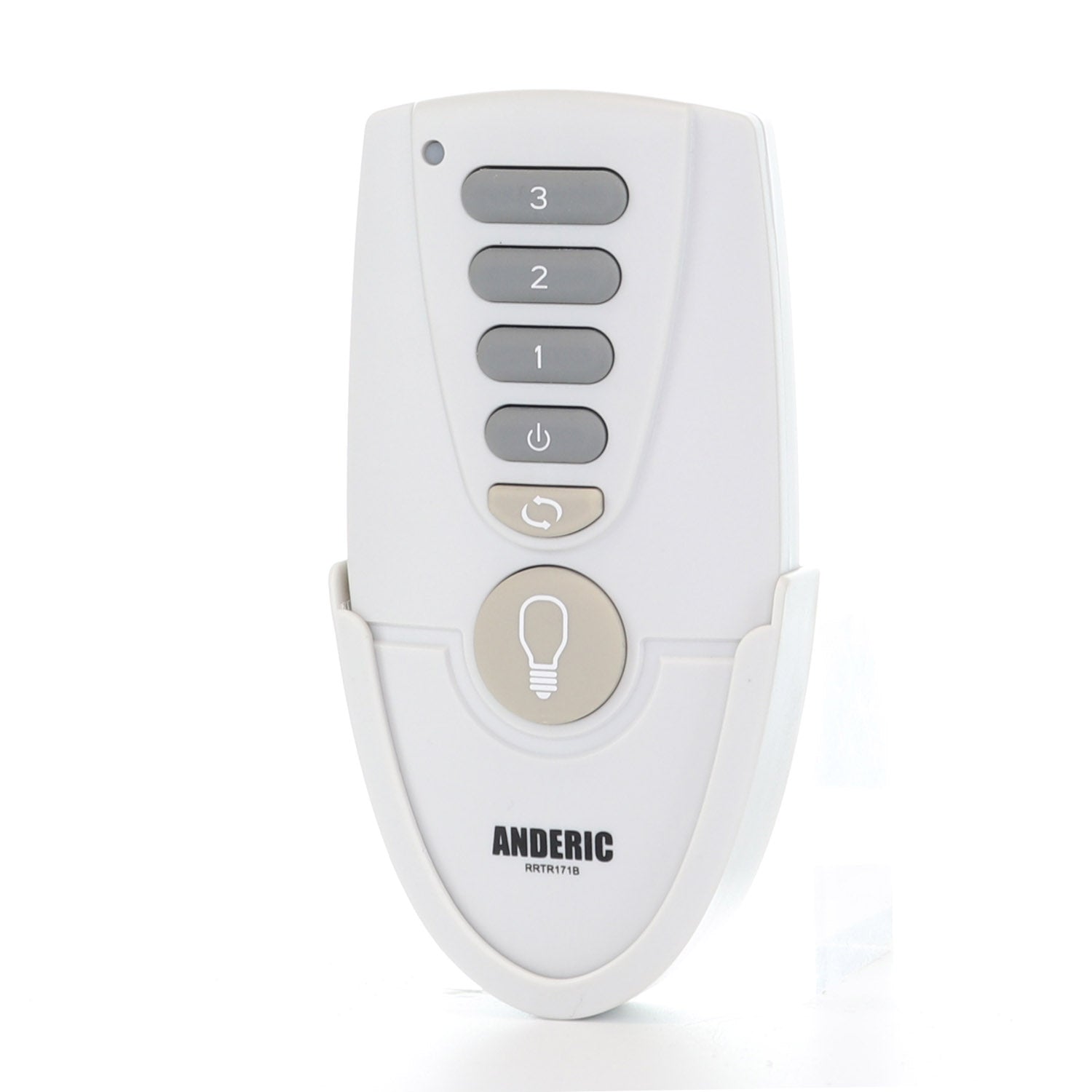 The Anderic RRTR171B Replacement Ceiling Fan Remote Control for TR171B, KUJCE10205 (white) features four grey numbered buttons, a power button, and a light symbol in a matching wall mount holder—perfect as a Home Decorators Collection replacement.