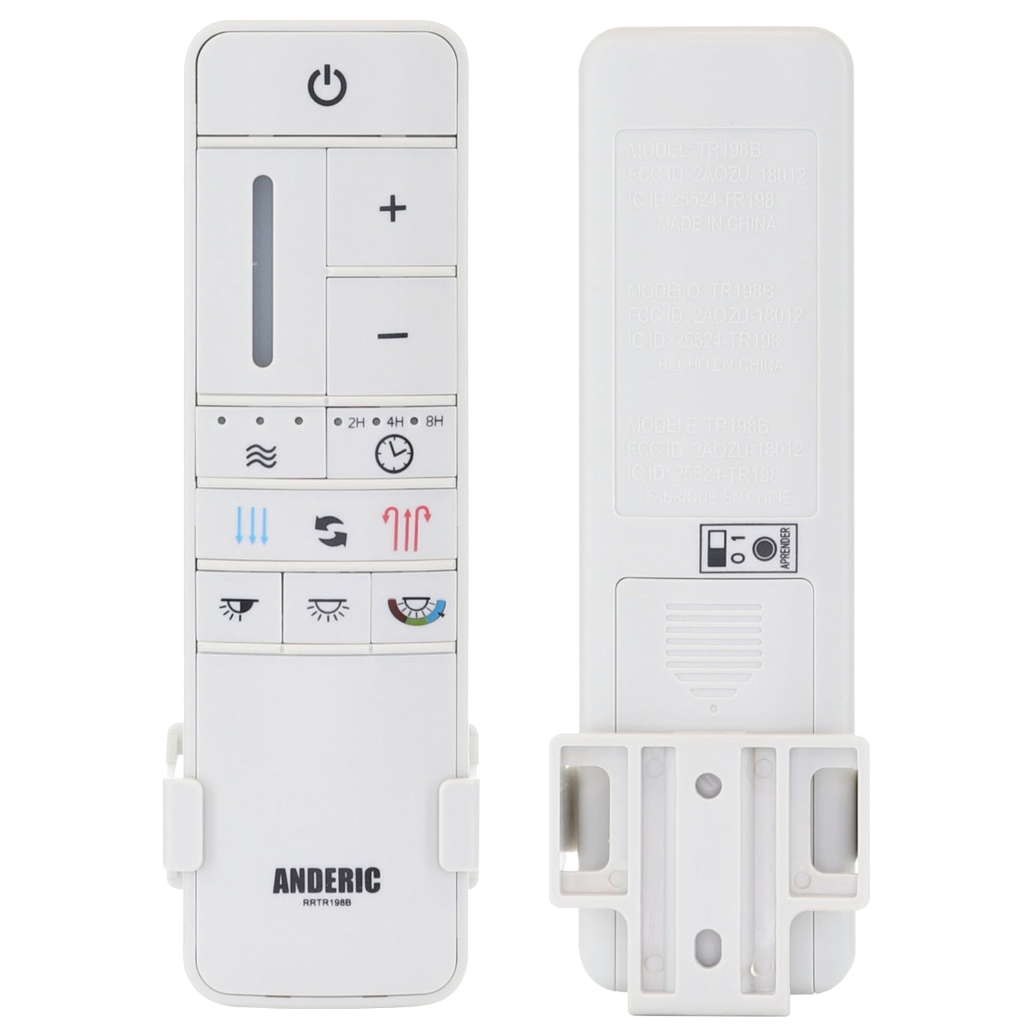 Front and back view of the white Anderic TR198B remote control for Home Decorators Collection ceiling fans, with labeled buttons and wall mount; direct replacement for models 2AQZU-18012, KUJCE10308, TR198A, and RRTR198B.