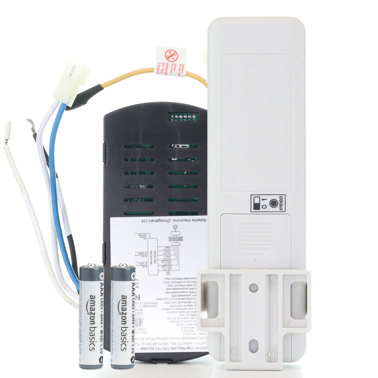 Anderic MR205A-D / TR198B Ceiling Fan Remote Control Kit for Marlon Home Decorators Collection and others, includes white controller, black component, wiring, two Amazon Basics AA batteries, and instructions—shown on a white background.