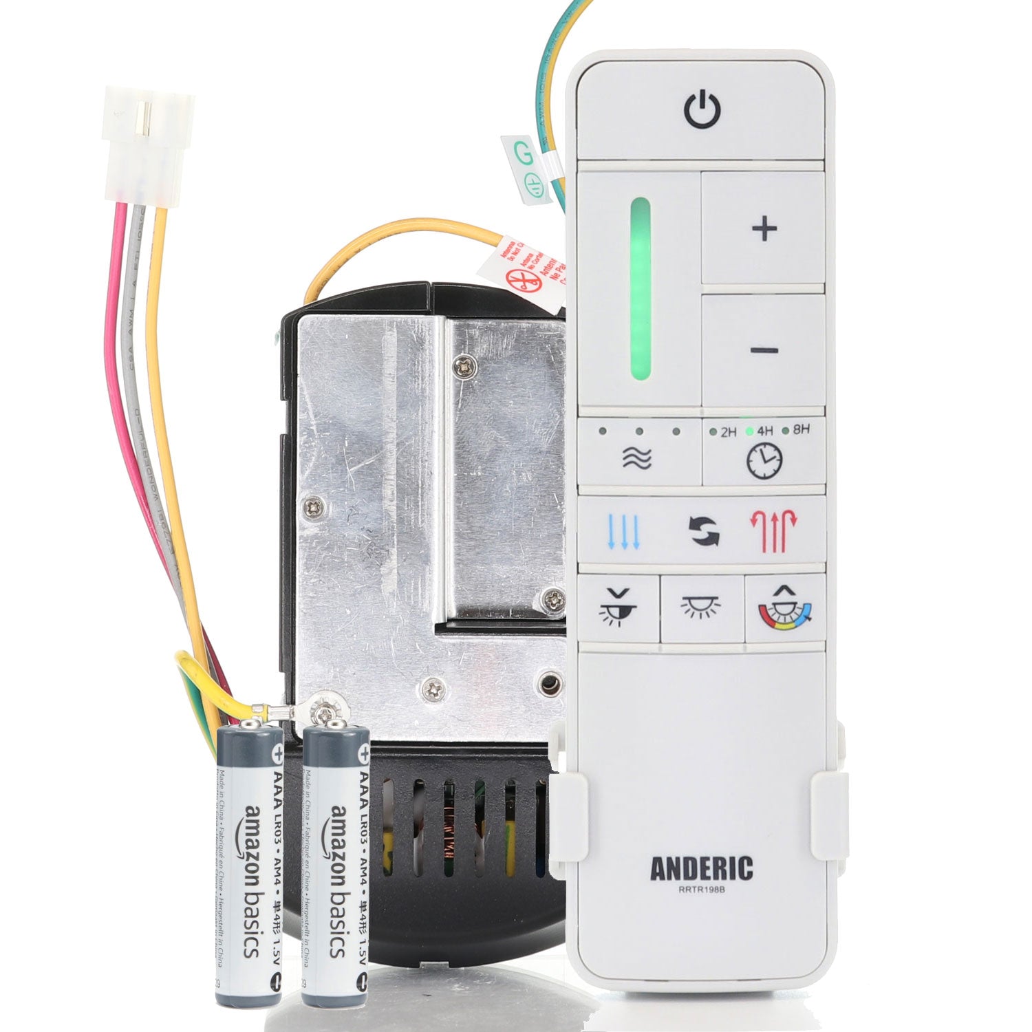 The Anderic MR205A-TR / TR198B Replacement Ceiling Fan Kit for Home Decorators Collection Celene YG908A includes a remote, motor with wires, and two AAA batteries, shown on a white background. Compatible with Celene and other models.