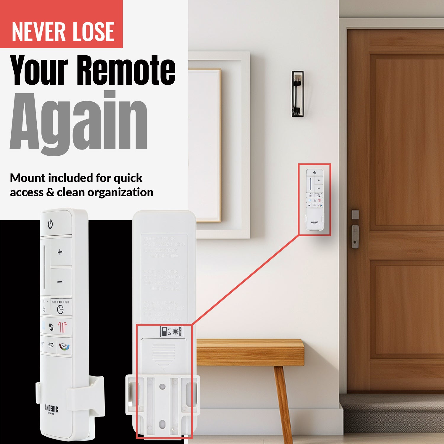 Keep your Anderic TR198B ceiling fan remote (for Home Decorators Collection, models 2AQZU-18012, KUJCE10308, TR198A, RRTR198B) organized with wall-mount bracket by the front door—never lose your remote again!.