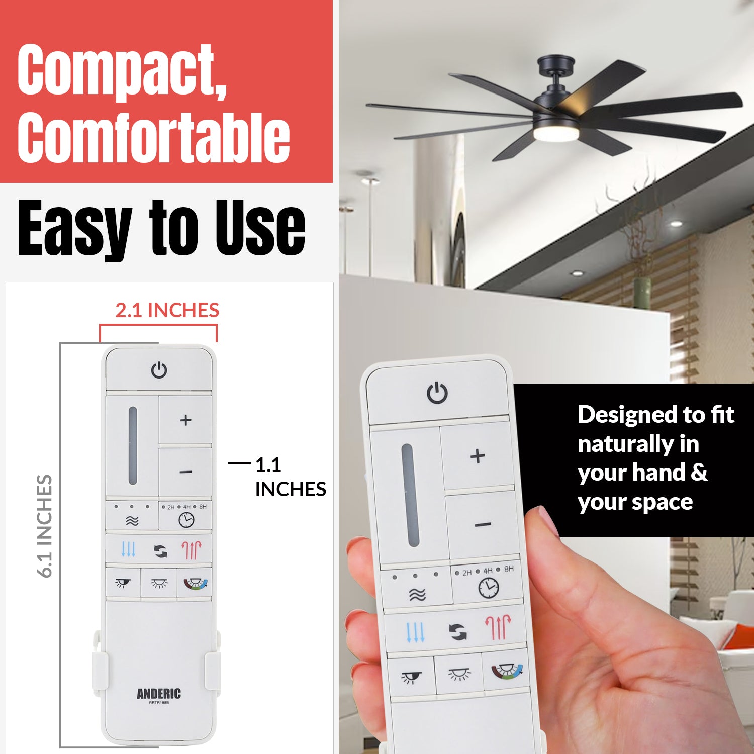 A hand holds the Anderic TR198B For Home Decorators Collection Ceiling Fan Remote (6.1 x 2.1 x 1.1 in) with labeled buttons, while a black fan is on the ceiling—making it a perfect direct replacement option.