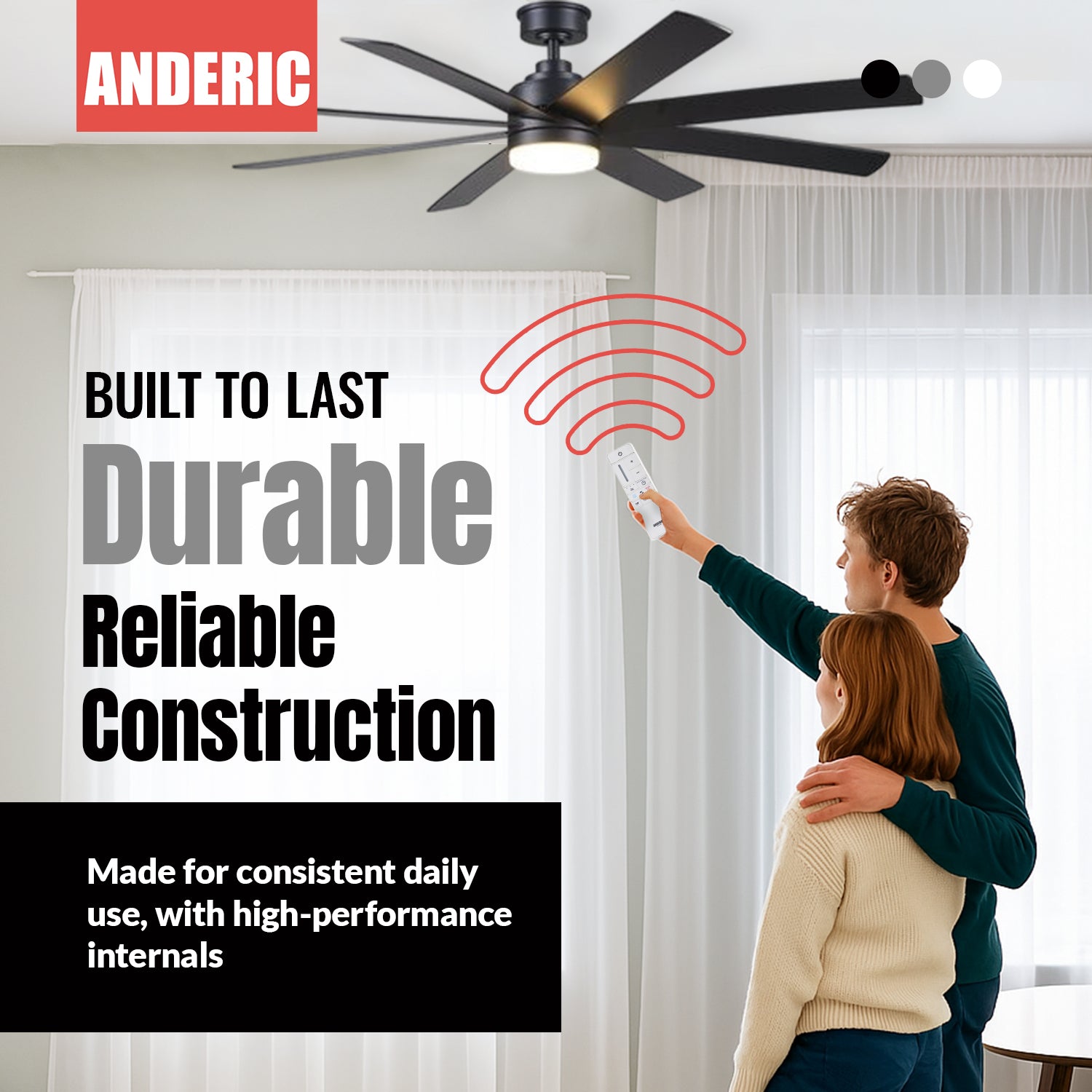 A couple uses the Anderic TR198B remote to control their Home Decorators Collection ceiling fan with light, highlighting the fan's durable and reliable construction. Model numbers: 2AQZU-18012, KUJCE10308, TR198A, RRTR198B.