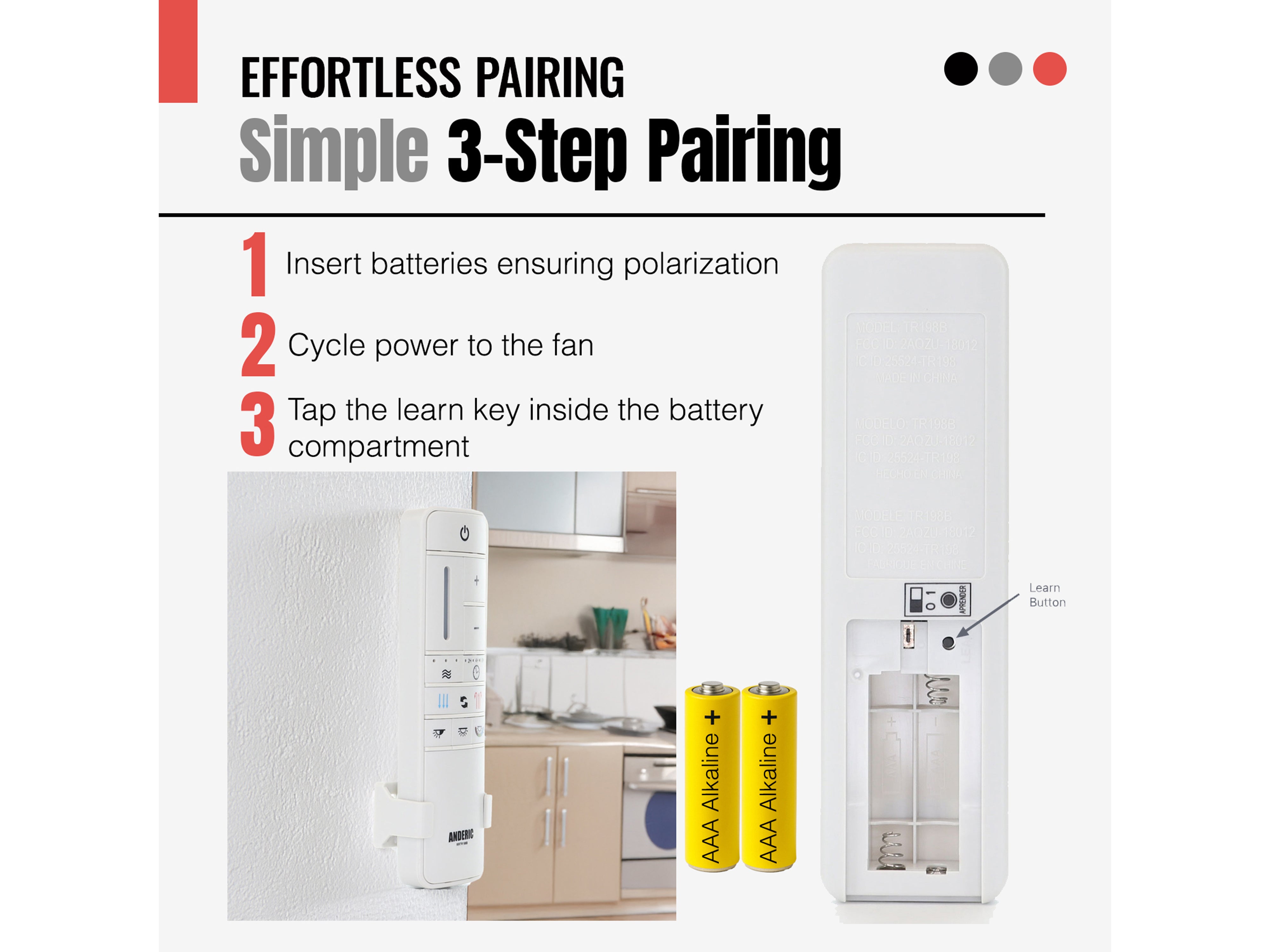 Anderic MR205A-D / TR198B Replacement Ceiling Fan Remote Control Kit for Marlon Home Decorators Collection and others - MR205A-D / RRTR198B