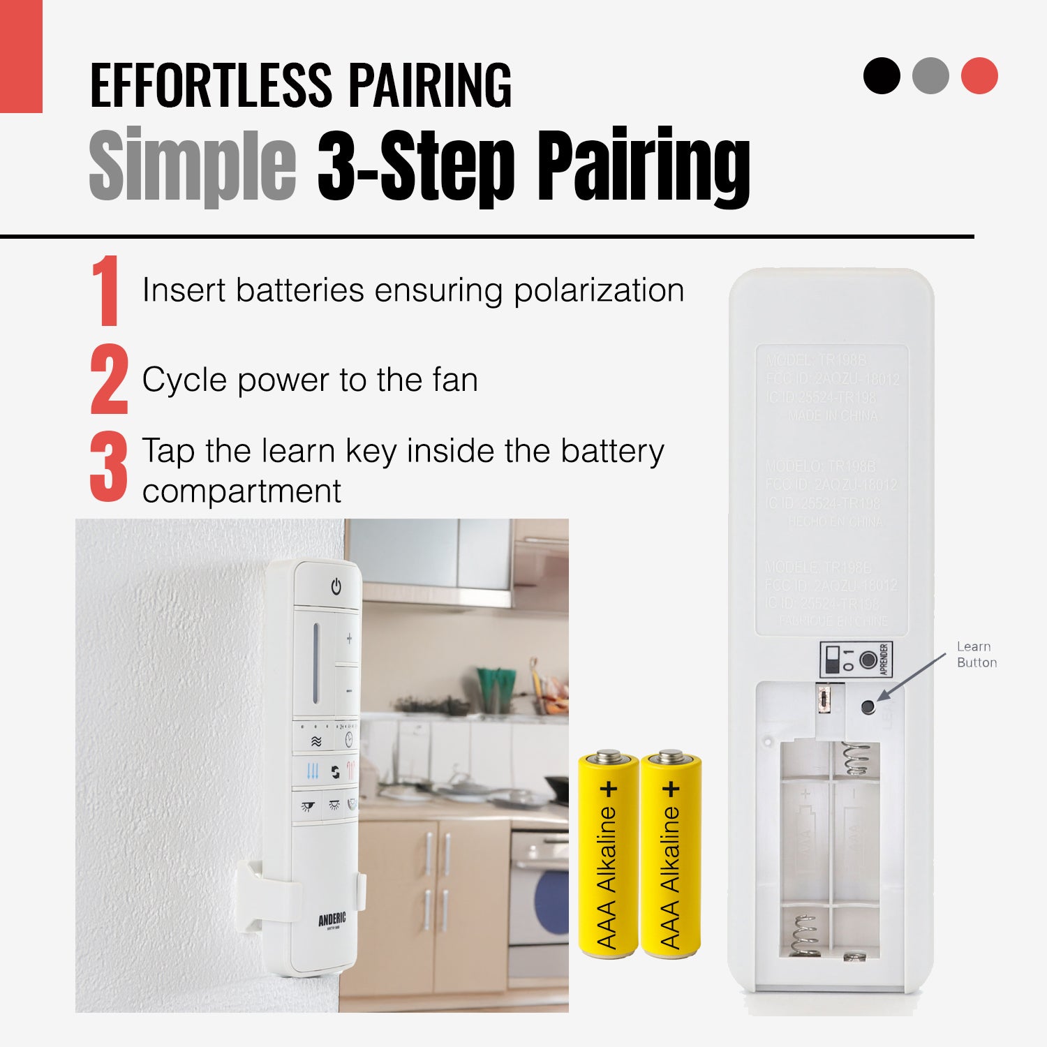 Anderic MR205A-D / TR198B Replacement Ceiling Fan Remote Control Kit for Marlon Home Decorators Collection and others - MR205A-D / RRTR198B