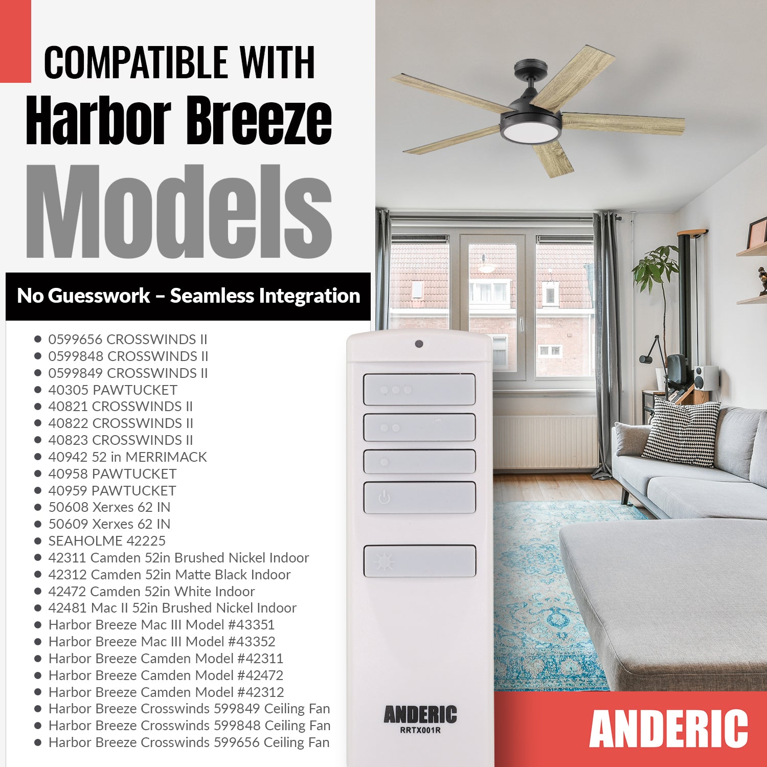 Anderic RRTX001R Replacement Ceiling Fan Remote Control for Harbor Breeze A25-TX001-R1 / A25-TX005-R