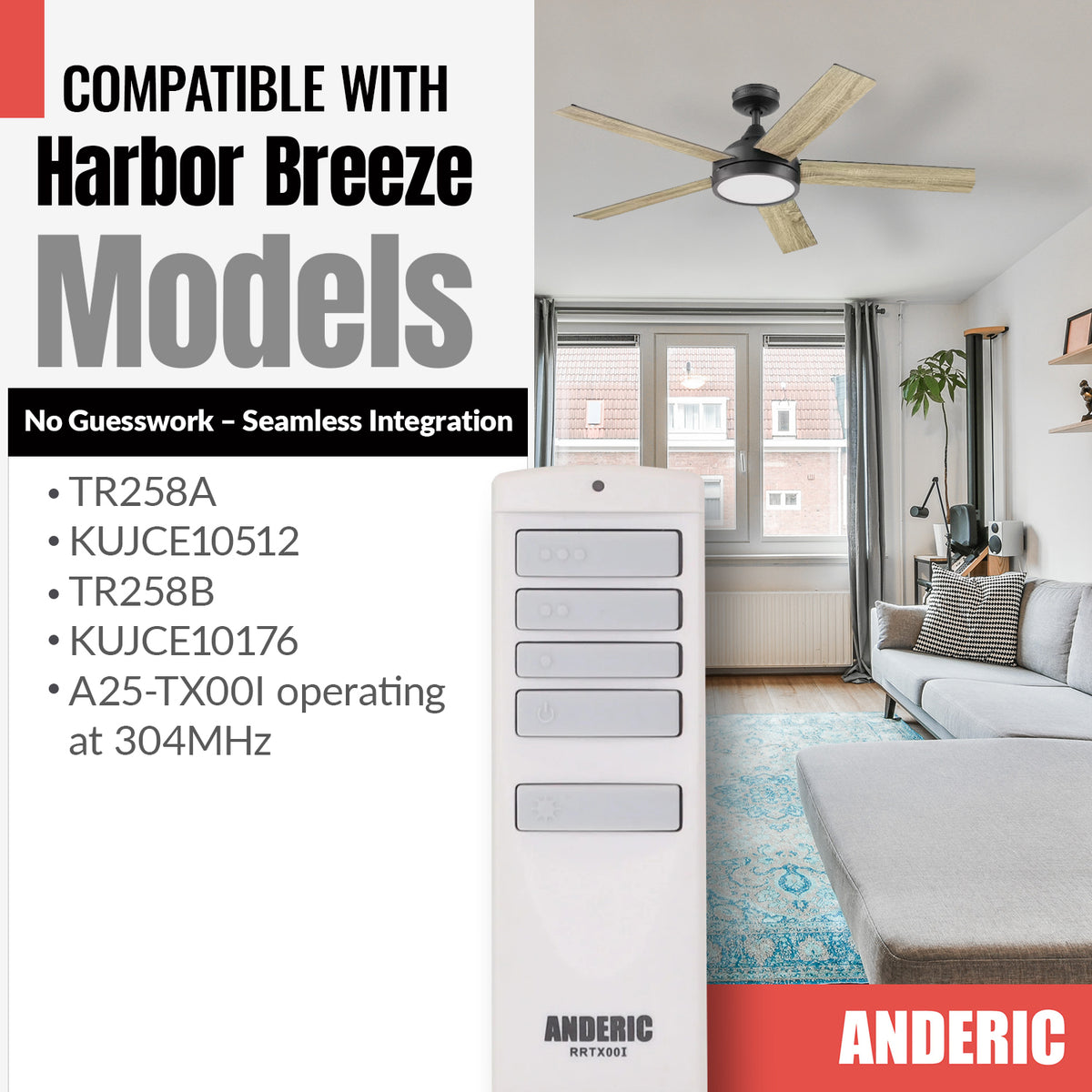 Anderic RRTX00I Ceiling Fan Remote Control for Harbor Breeze | A25-TX00I / TR258A / KUJCE10512
