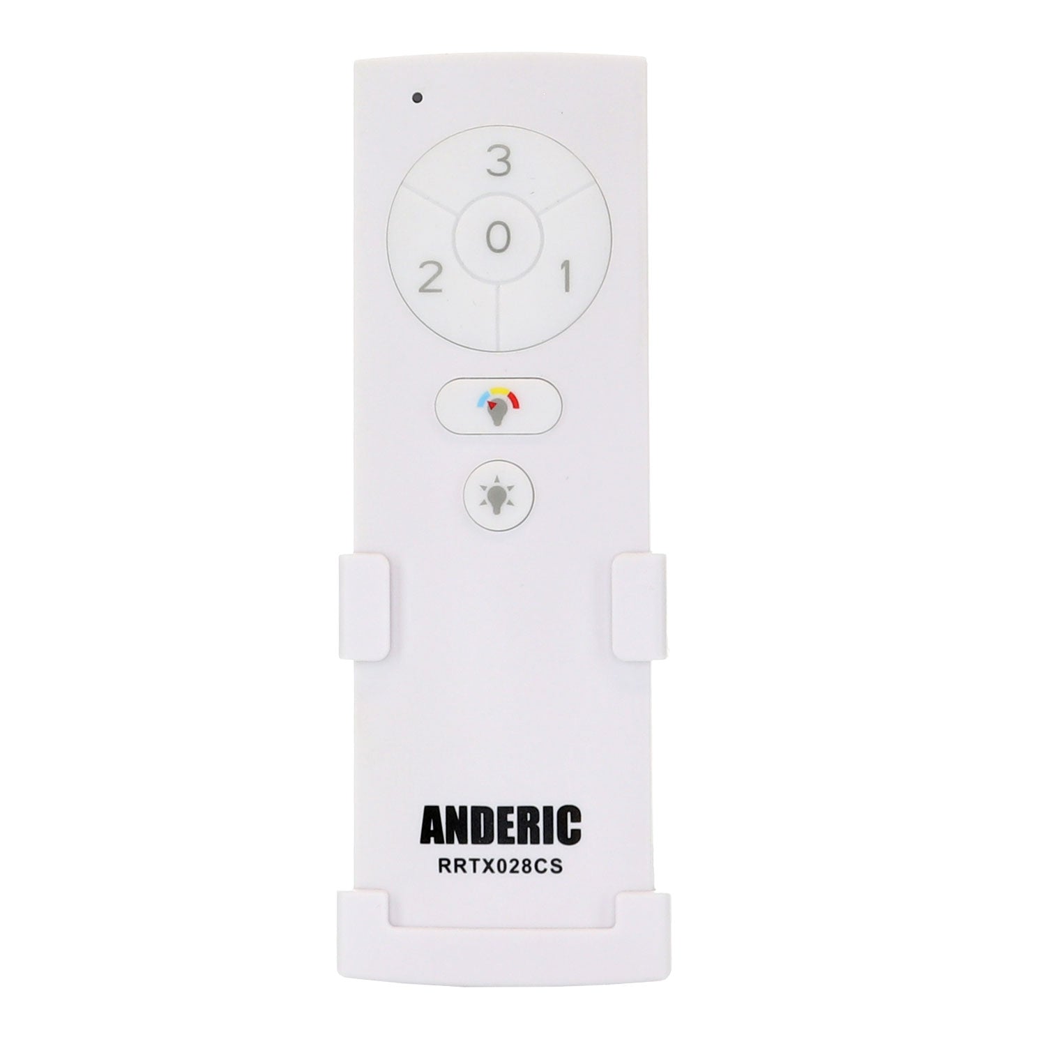 The stylish white Anderic TX028C-S remote for Hampton Bay and Home Decorators Collection ceiling fans features circular buttons, a power symbol, and a star icon. This replacement remote is specifically designed for fans and lights, offering seamless operation with flair.