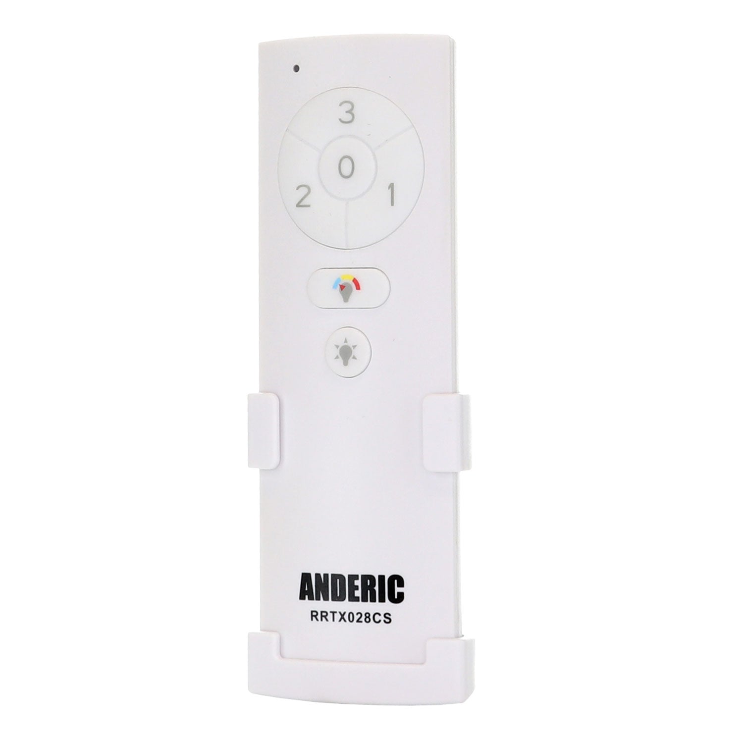 The sleek Anderic TX028C-S remote control for Hampton Bay and Home Decorators Collection features circular buttons with a color wheel and light icon, ideal for easy ceiling fan management.