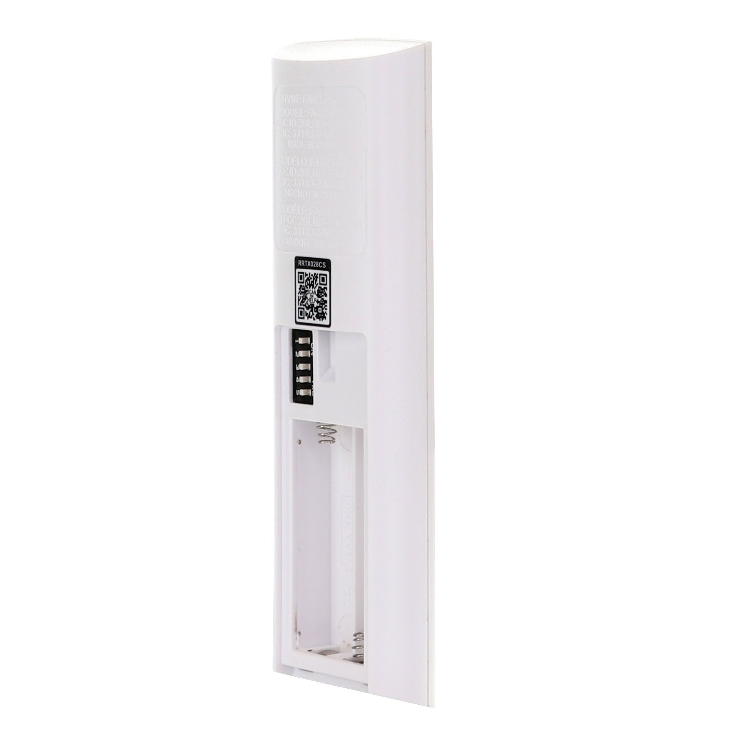 The Anderic TX028C-S ceiling fan remote control for Hampton Bay and Home Decorators Collection has its battery compartment cover off, showing two empty battery slots and a QR code label. Ideal as a replacement remote, it's compatible with RRTX028C-S models.