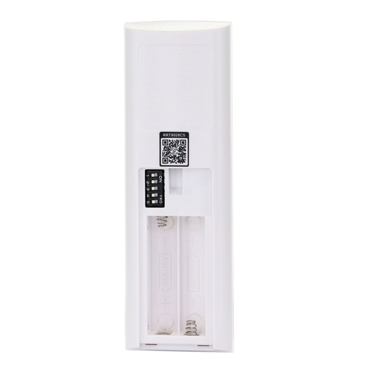The back of the Anderic TX028C-S ceiling fan remote (RRTX028CS) for Hampton Bay and Home Decorators Collection reveals an open battery compartment, a QR code, and numbers on a label for easy identification or replacement.