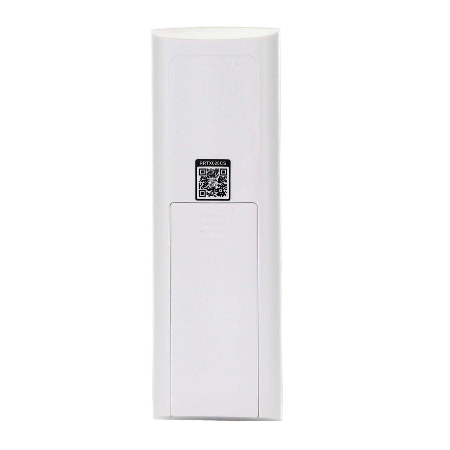 Back view of the white Anderic TX028C-S remote control, model RRTX028CS, has a small rectangular compartment and a QR code above it for easy pairing with Hampton Bay and Home Decorators Collection ceiling fans.