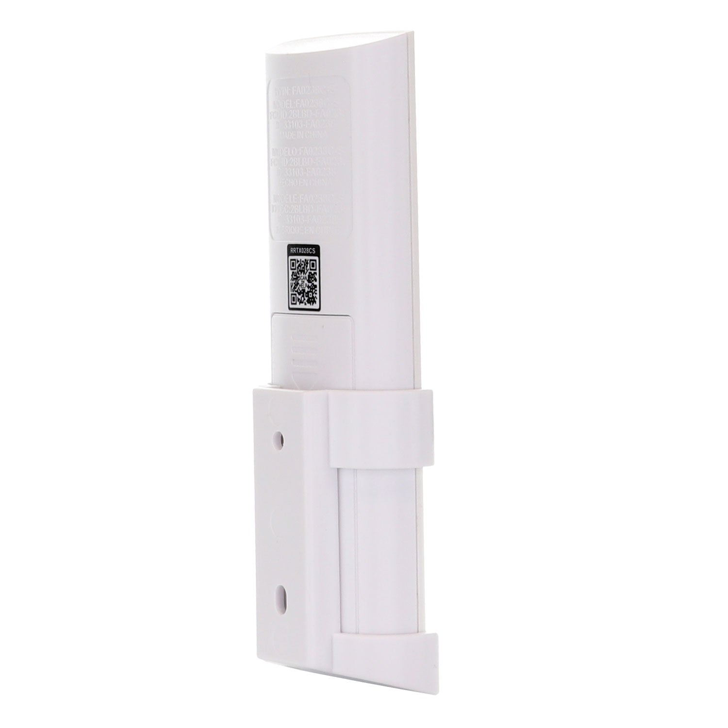 The white plastic wall-mounted holder is ideal for the Anderic TX028C-S ceiling fan remote control, featuring a rectangular slot and an upper-section QR code.