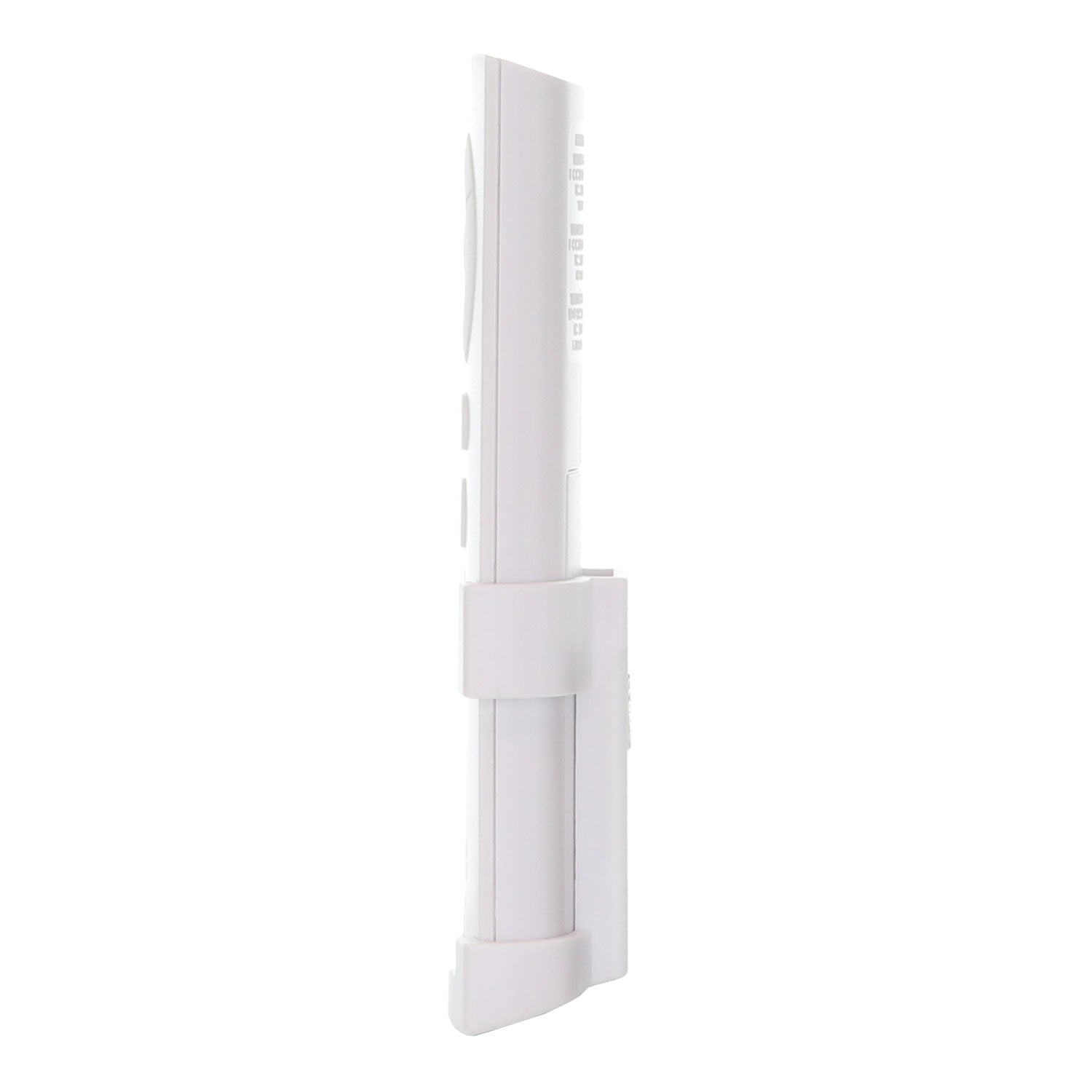 Side view of a white wall-mountable device with smooth surfaces and slots, resembling an Anderic TX028C-S For Hampton Bay and Home Decorators Collection Ceiling Fan Remote Control - RRTX028CS.