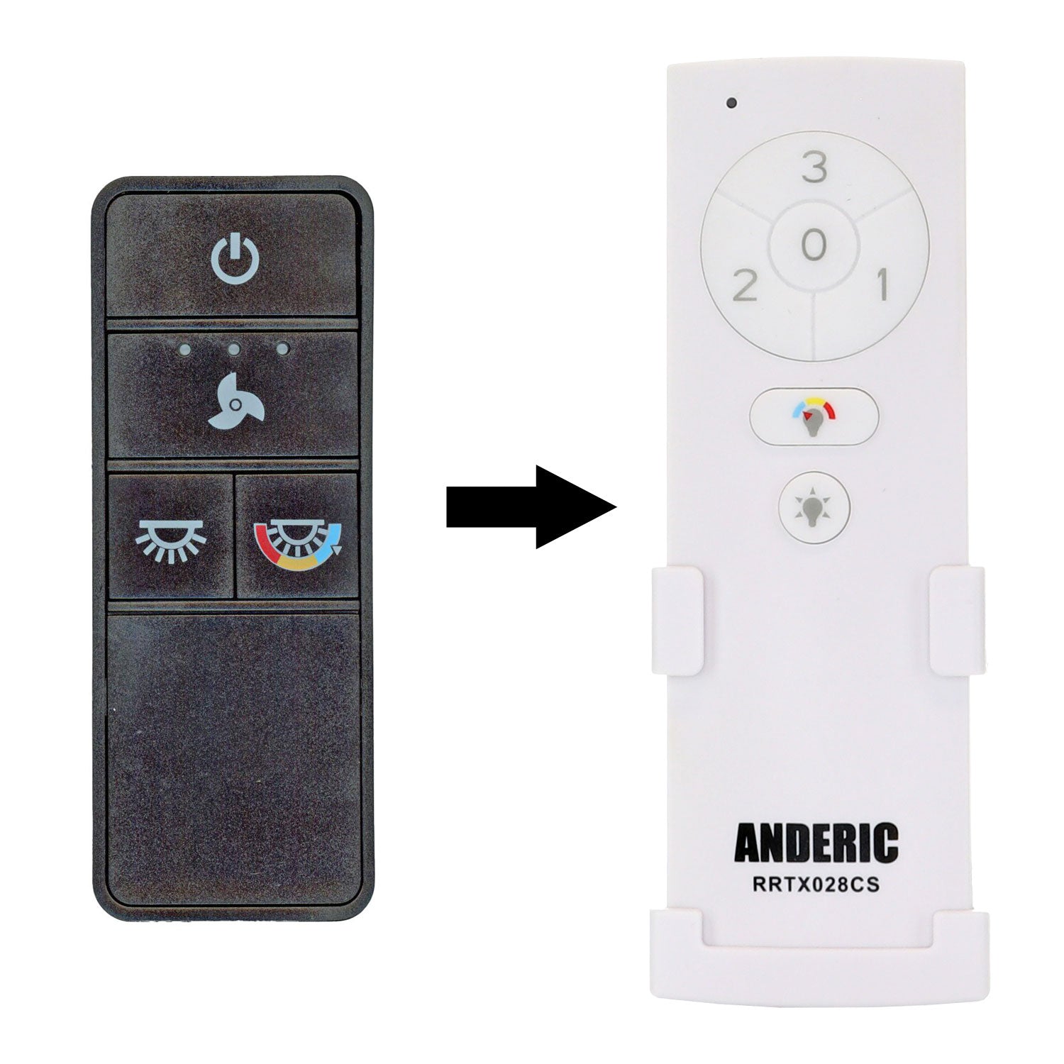 This compares two remote controls with different designs: the black one has four buttons, while the "Anderic TX028C-S For Hampton Bay and Home Decorators Collection Ceiling Fan Remote Control - RRTX028CS" is a versatile white remote ideal for replacements, featuring five user-friendly buttons.