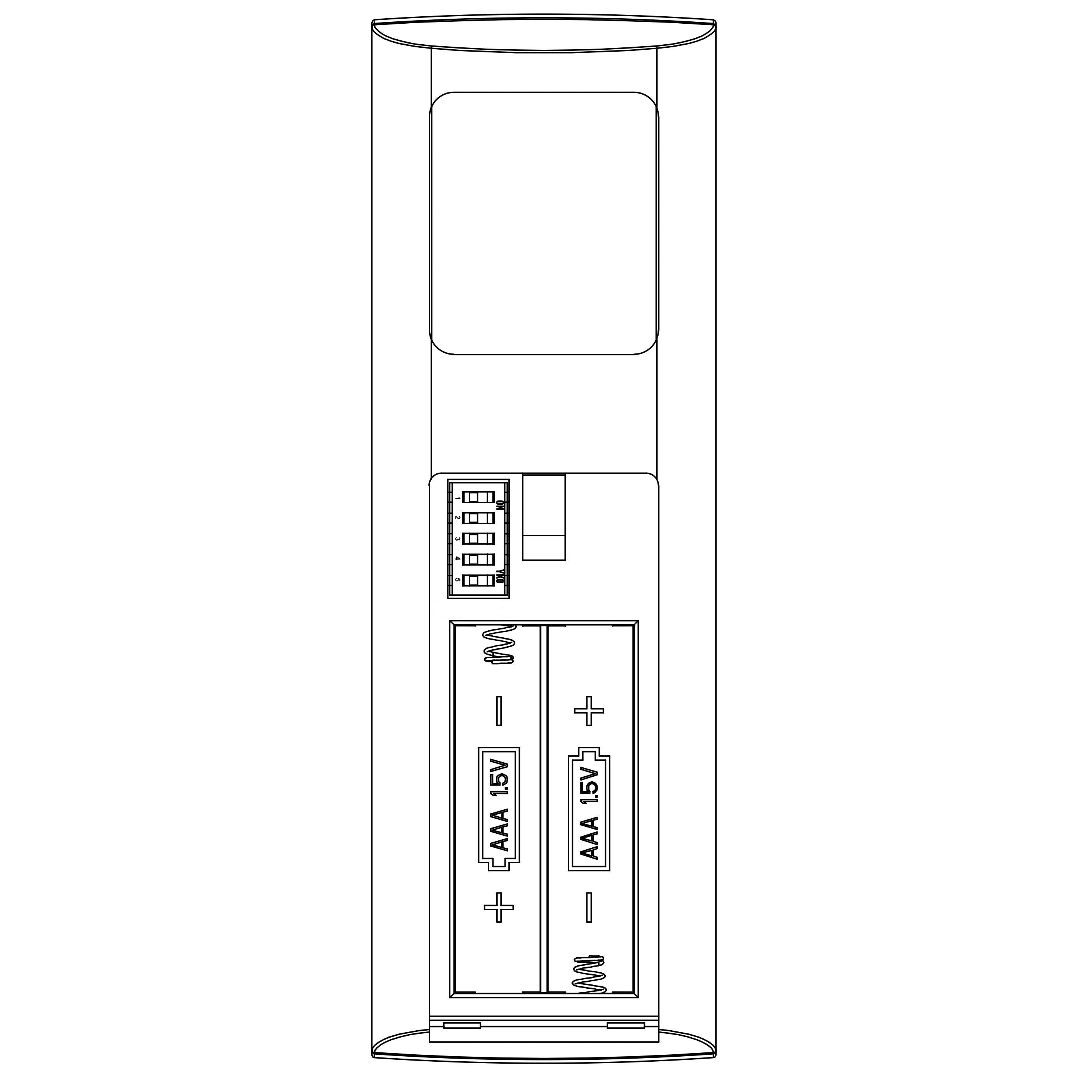 Diagram of the Anderic TX028C-S remote's battery compartment, featuring two AAA battery slots and connectors for the Hampton Bay and Home Decorators Collection ceiling fan remote control.