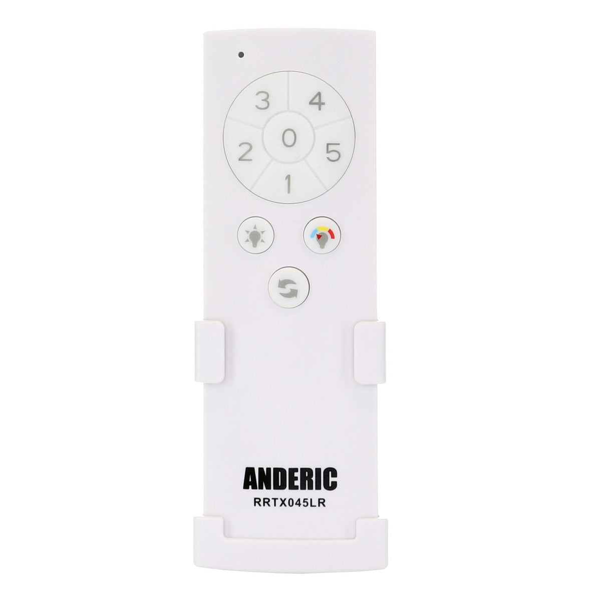 The Anderic TX045-LR Remote for the Home Decorators Collection Ceiling Fan features a circular button layout with extra function buttons below. "ANDERIC" and "RRTX045LR" are printed on its sleek white surface, offering precise control and light dimming capabilities.