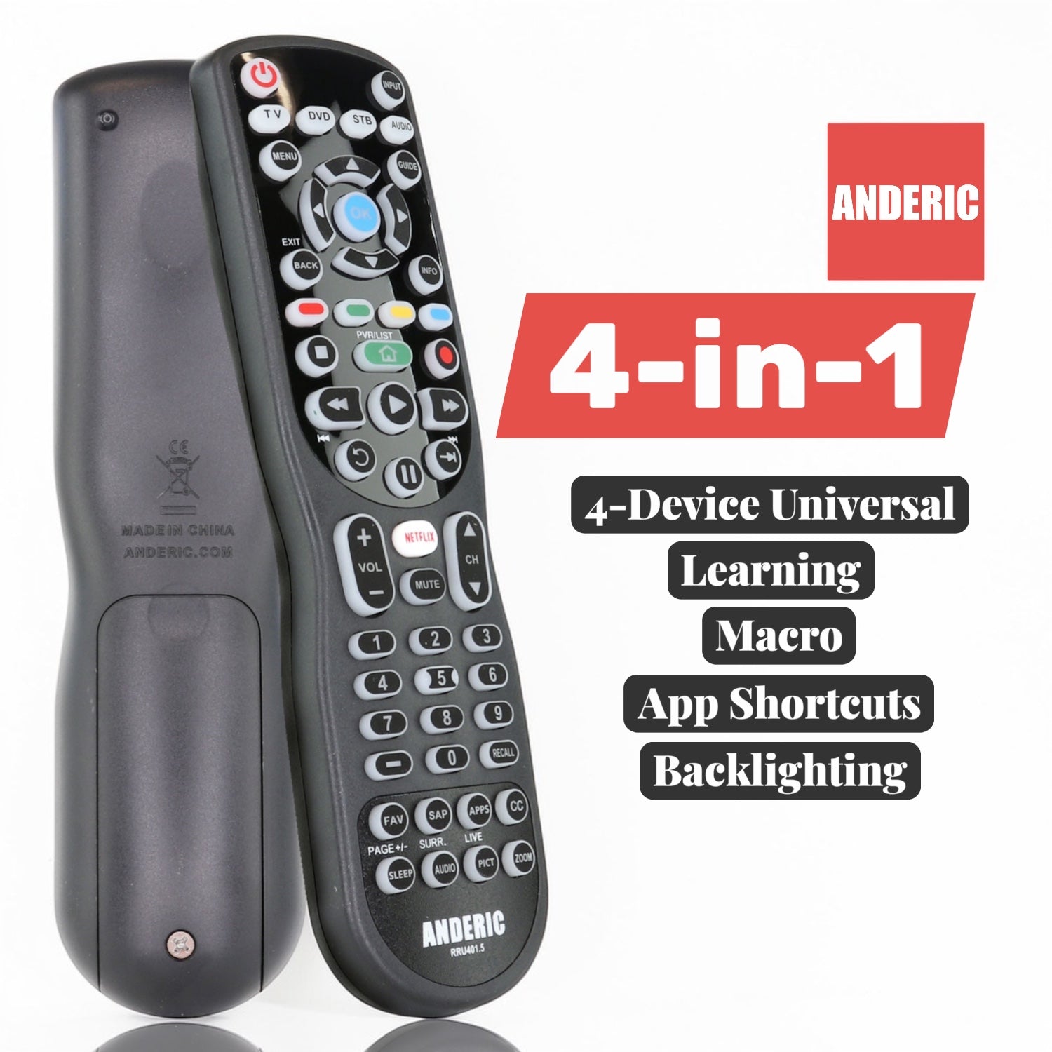 Anderic RRU401.7 4-Device Universal Remote Control with Backlight, Macro and Learning for TV, Cable, Streaming, DVD and more