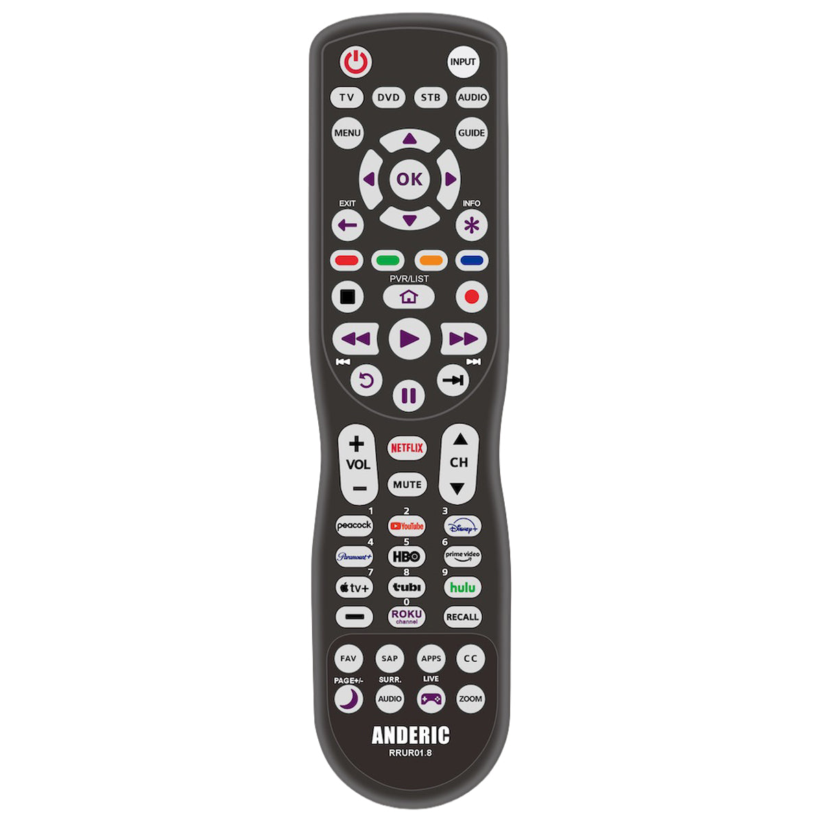 Télécommande universelle Anderic RRUR01.8 4 appareils pour lecteurs de streaming Roku et téléviseurs Roku avec rétroéclairage, apprentissage et macro