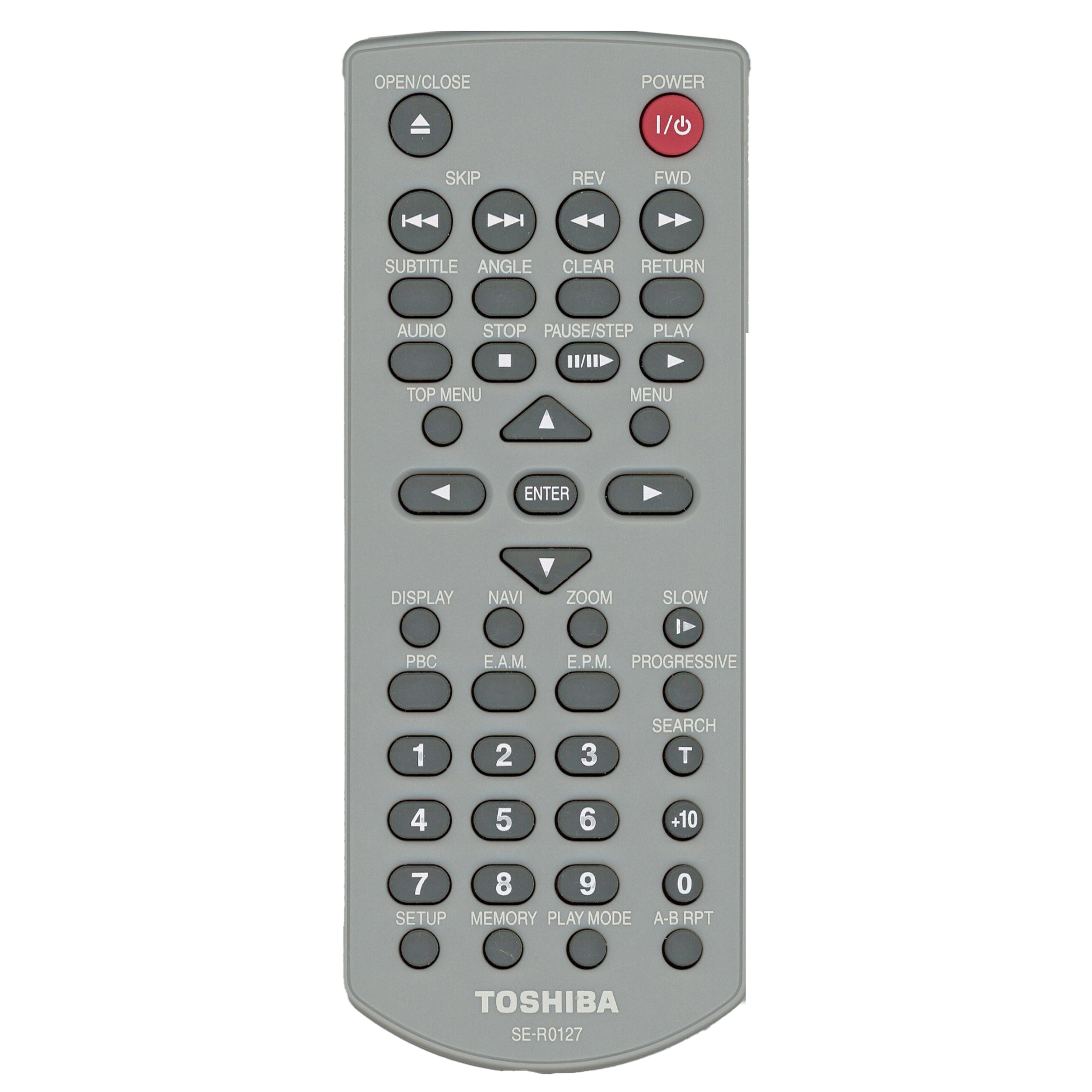 The Toshiba SER0127 DVD Remote Control - AH700004 is ideal for the Toshiba DVD Video Player SD3960, offering buttons like power, play, and menu navigation for smooth entertainment.
