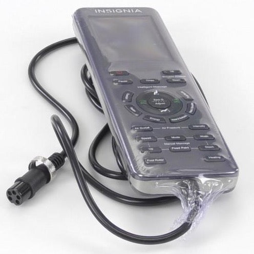 The Insignia 2D Zero Gravity Full Body Massage Chair Remote Control (P3101006468), a black wired remote with a coiled cable and five-pin connector, complements the Insignia Massage Chair experience, enhancing your relaxation and full body massage journey.