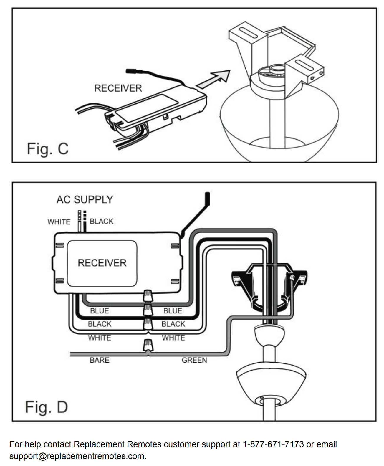 Diagram showing installation of a receiver in a ceiling fan using the Anderic RR7078TR UC7067FMRX UC7067REVB Reverse module kit. Fig. C shows placement above a Hampton Bay 56" Altura Fan, and Fig. D illustrates wiring for enhanced remote control functionality.