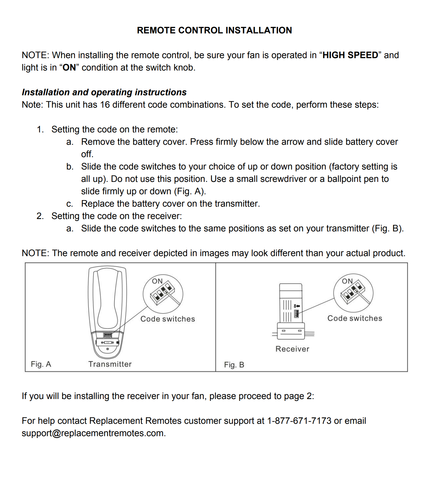 The installation guide for the Anderic RR7078TR UC7067FMRX UC7067REVB Reverse module includes steps for setting codes on the transmitter and receiver, with Fig. A and Fig. B diagrams, to seamlessly integrate remote control with your Hampton Bay 56" Altura Ceiling Fan. Contact info provided.