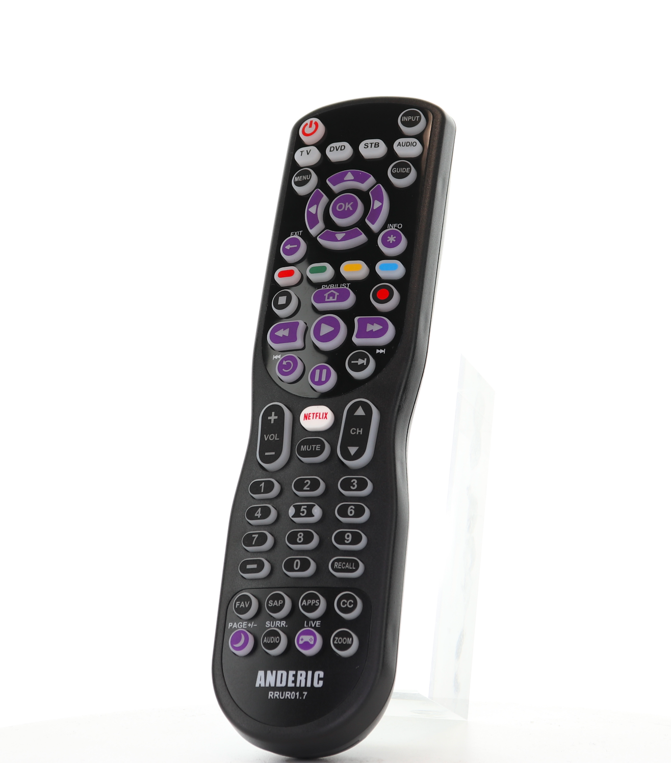 Control Remoto Universal Anderic RRUR01.8 de 4 Dispositivos para Reproductores de Streaming Roku y Televisores Roku con Retroiluminación, Aprendizaje y Macro