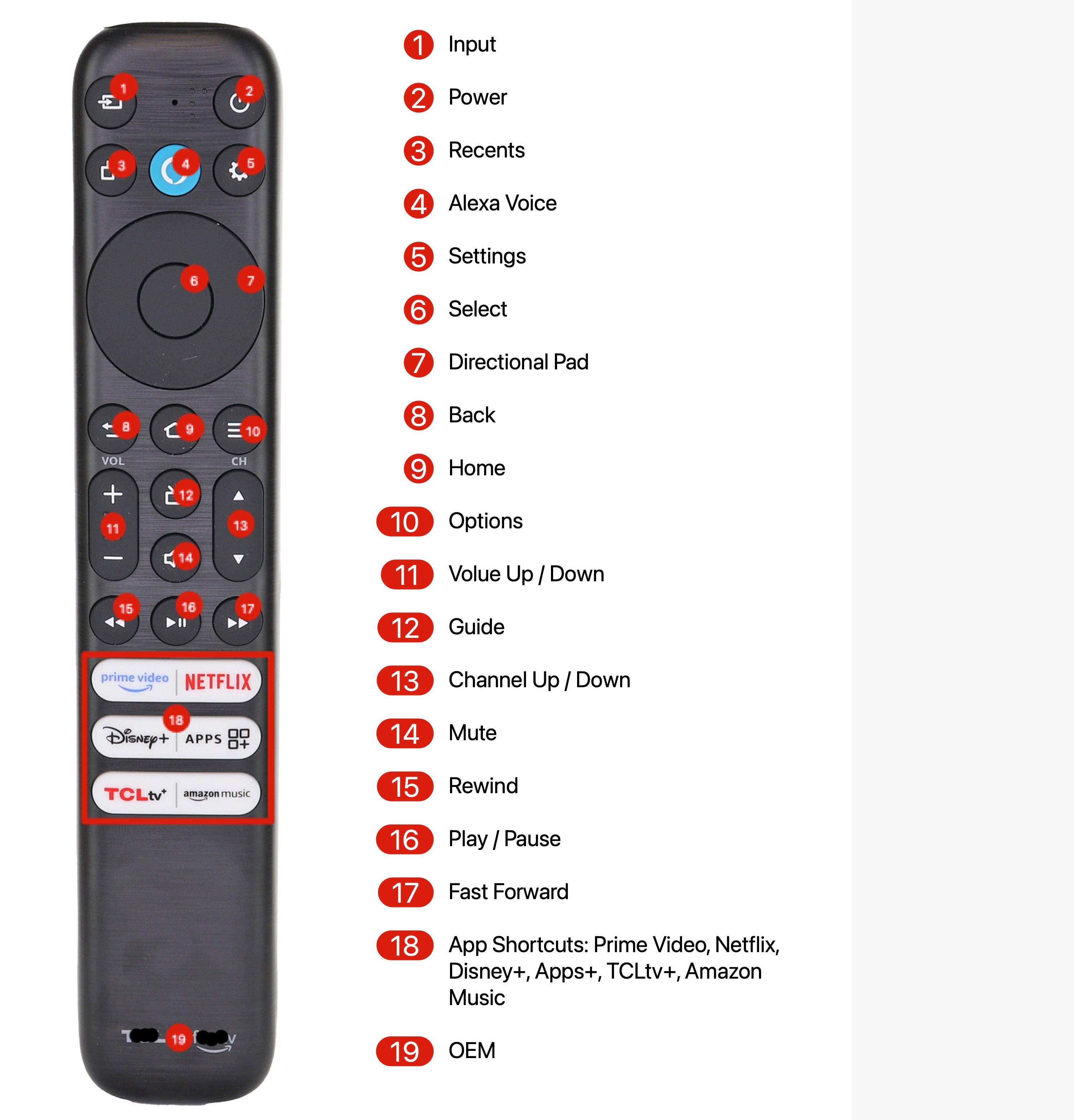 The TCL RC813 CMB1 Amazon Alexa Fire TV Remote Control (Q550F) features labeled buttons for power, volume, navigation, voice control, and streaming app shortcuts (Netflix, Prime Video, TCLtv+, Disney+, Amazon Music)—ideal for any Fire TV setup.