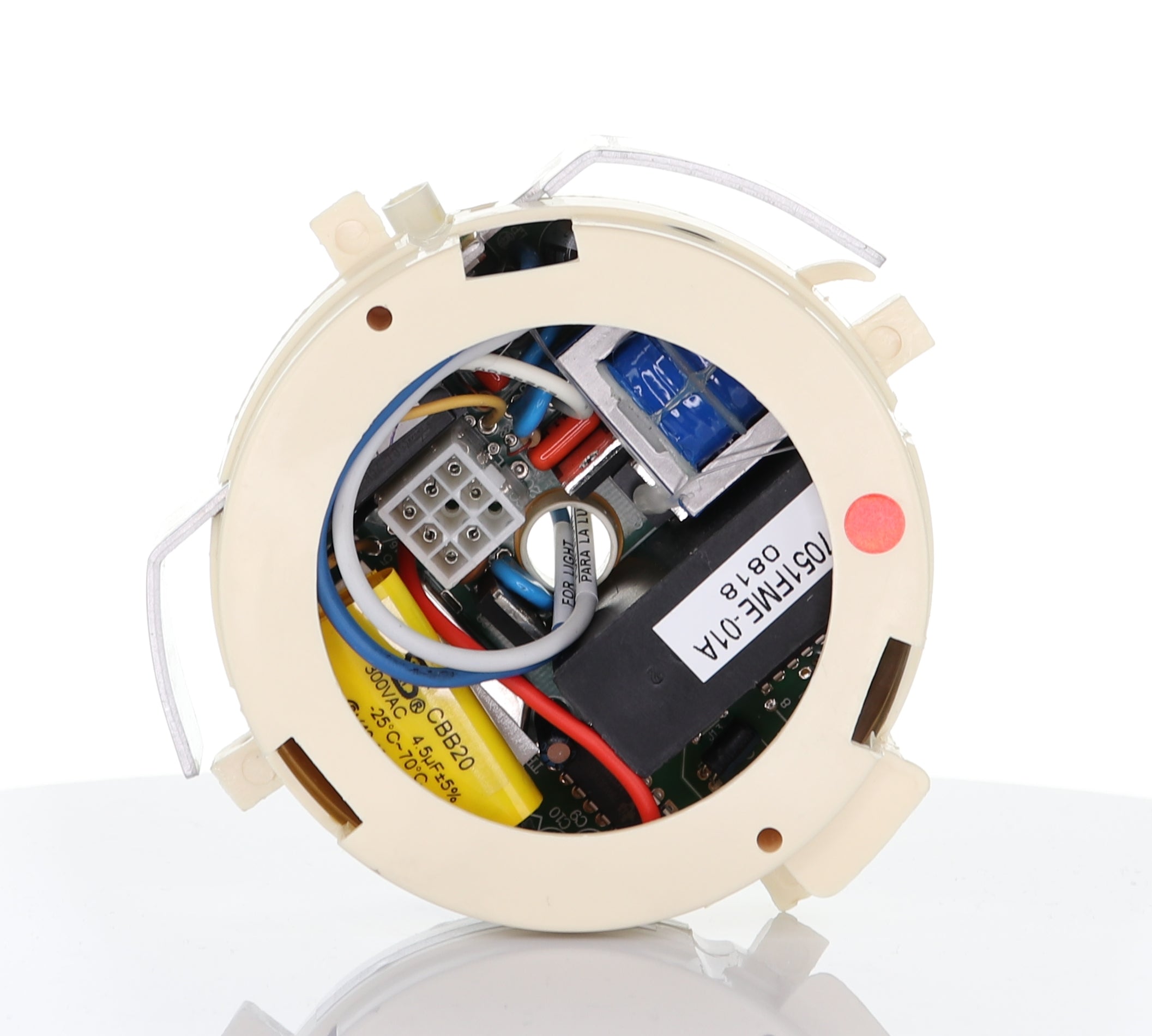 The image shows an Anderic UC7051R Replacement Ceiling Fan Receiver for 3-Speed Fans with Reverse Function, a round electronic device with visible internal circuitry, wires, capacitors, and connectors set against a white background.