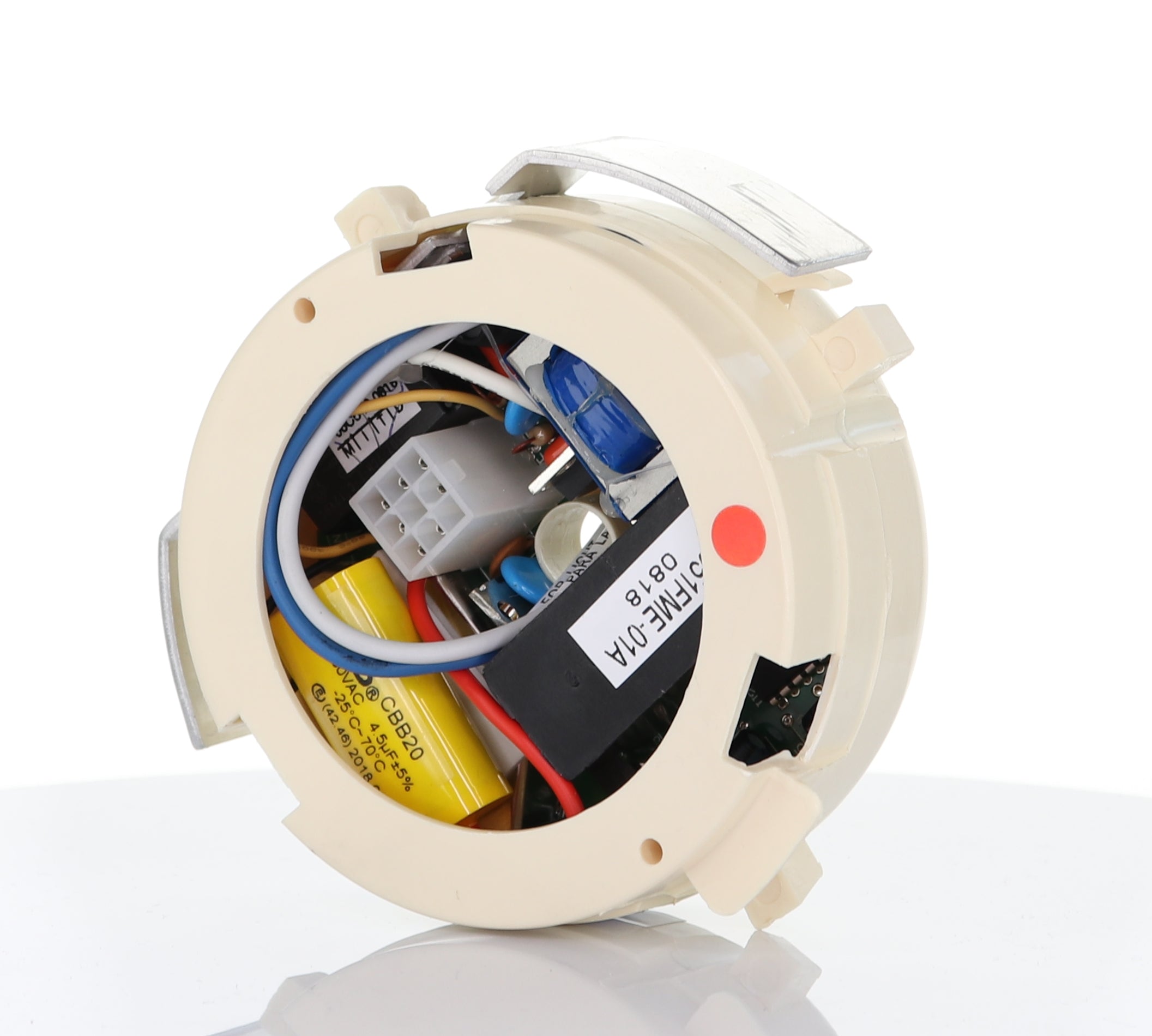 A close-up of an Anderic UC7051R Replacement Ceiling Fan Receiver for 3-speed fans with reverse function, showing exposed wiring, capacitors, and connectors inside a round beige plastic casing.