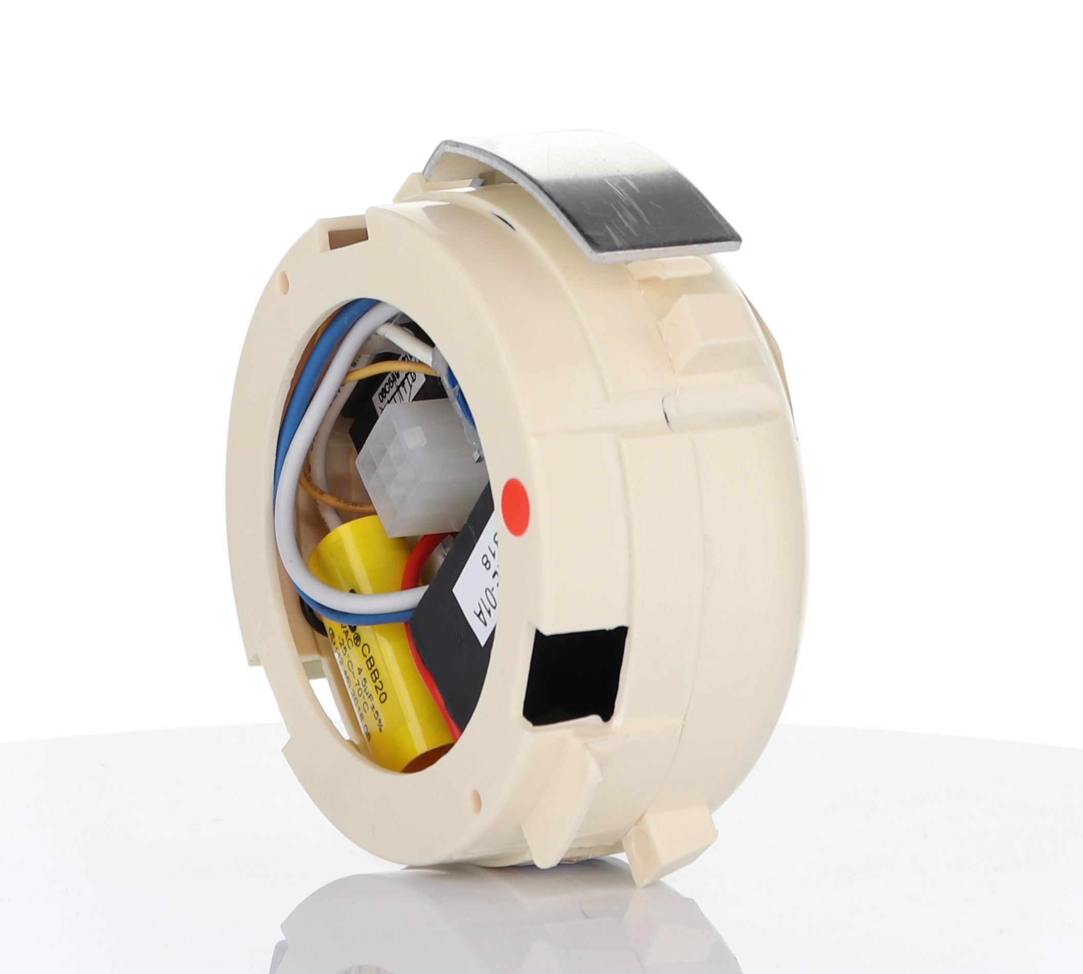 The image shows an Anderic UC7051R Replacement Ceiling Fan Receiver for 3-speed fans with reverse function—round, beige plastic with visible internal wiring, a metal strip on top, and a red dot on the side, set against a white background.