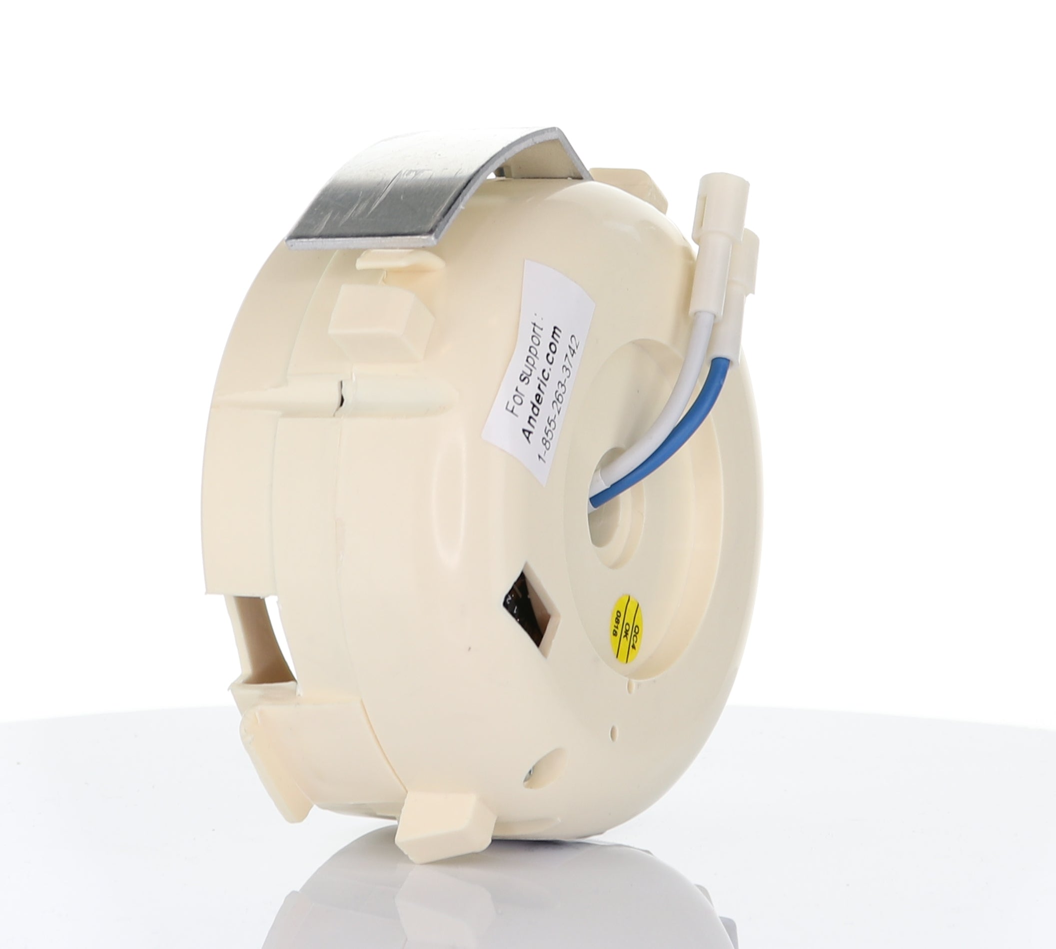 An Anderic UC7051R Replacement Ceiling Fan Receiver for 3-speed fans with reverse function, featuring attached blue and white wires, a top metallic tab, and a side label, shown on a white background.