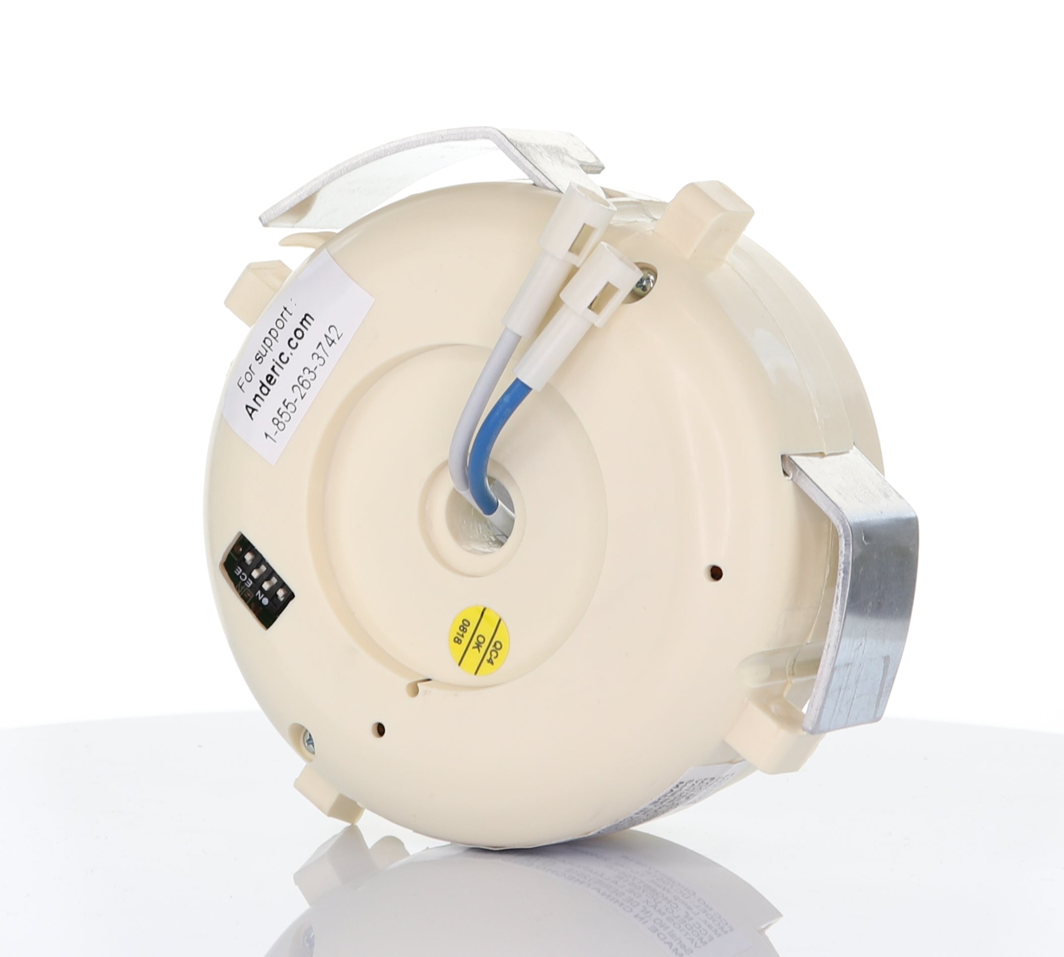 A round electronic device with wires, a metal bracket, labels, and a barcode identified as an Anderic UC7051R Replacement Ceiling Fan Receiver for 3-Speed Fans with Reverse Function, photographed on a white background.