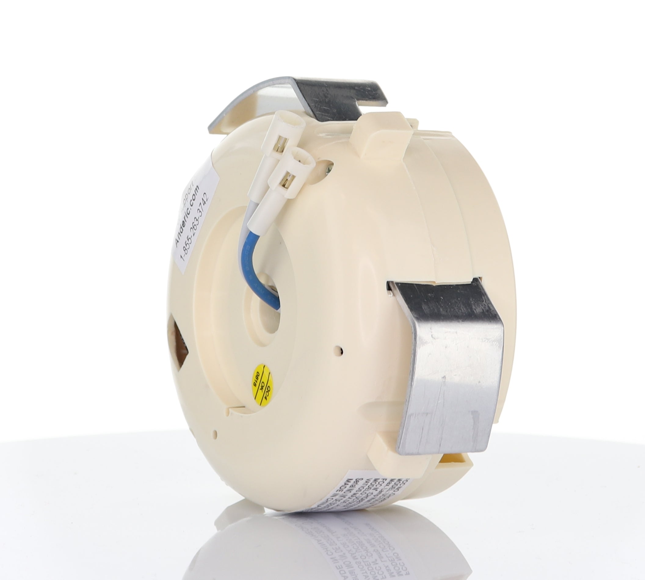 A close-up of the Anderic UC7051R Replacement Ceiling Fan Receiver for 3-speed fans with reverse, showing its round white body, metal clips, and attached blue and white wires against a white background.