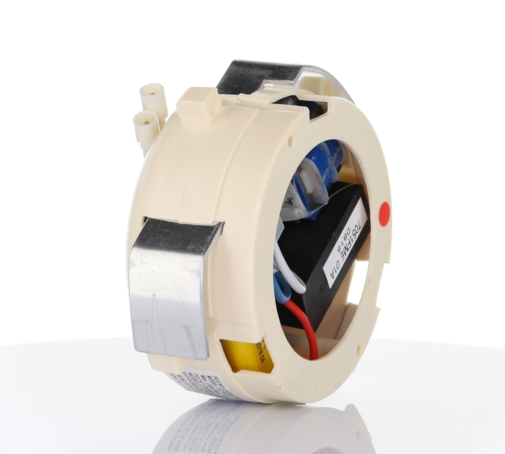 A close-up of the Anderic UC7051R Replacement Ceiling Fan Receiver for 3-Speed Fans with Reverse Function, featuring a beige plastic case, visible wiring, connectors, and a metallic clip against a white background.