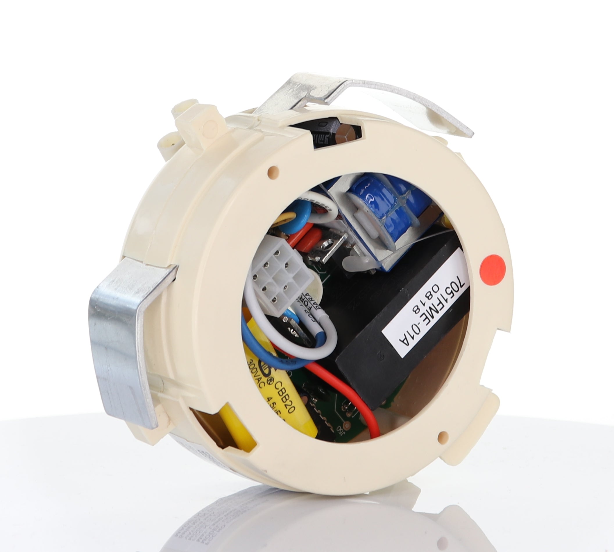 A close-up of an opened Anderic UC7051R Replacement Ceiling Fan Receiver for 3-Speed Fans with Reverse Function, showing internal circuitry, wires, connectors, a blue component, and a metal clip attached to the side.