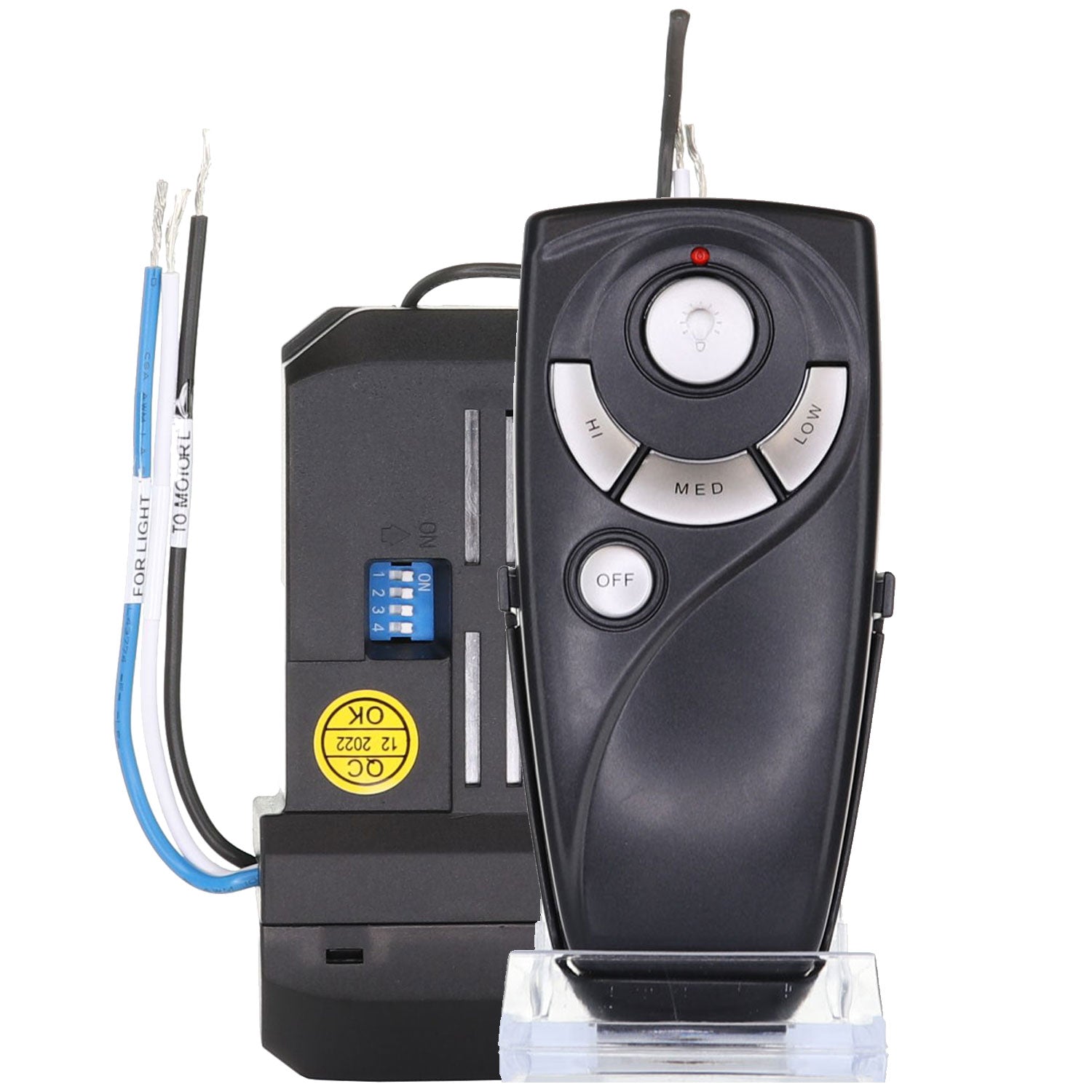 The Anderic UC7083T-UC7067FMRX Universal Add-on 3-Speed Ceiling Fan Kit includes a black remote and receiver with labeled buttons, wires, and a DIP switch for settings—compatible with most 3-speed AC ceiling fans.