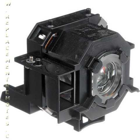 A black projector lamp housing with a visible lens and mounting brackets is set against a white background, featuring the Generic V13H010L42 with OEM Bulb for Epson Projector Lamp Assembly to ensure optimal performance.