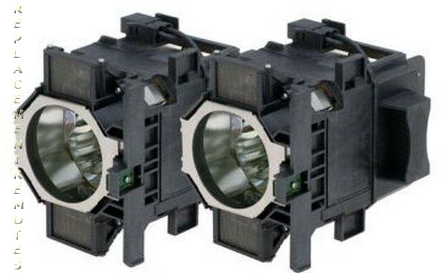 The Generic V13H010L73 for Epson Projector Lamp Assembly Twin-Pack features identical units with black casings and reflective interiors, equipped with Genuine Ushio Bulbs. Ideal for those seeking quality and reliability in an Epson Projector Lamp Replacement.