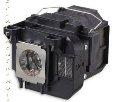 A Generic V13H010L75 black projector lamp assembly for Epson Powerlite models features a visible Ushio bulb and metal casing. "REPLACEMENT" is written vertically on the left.