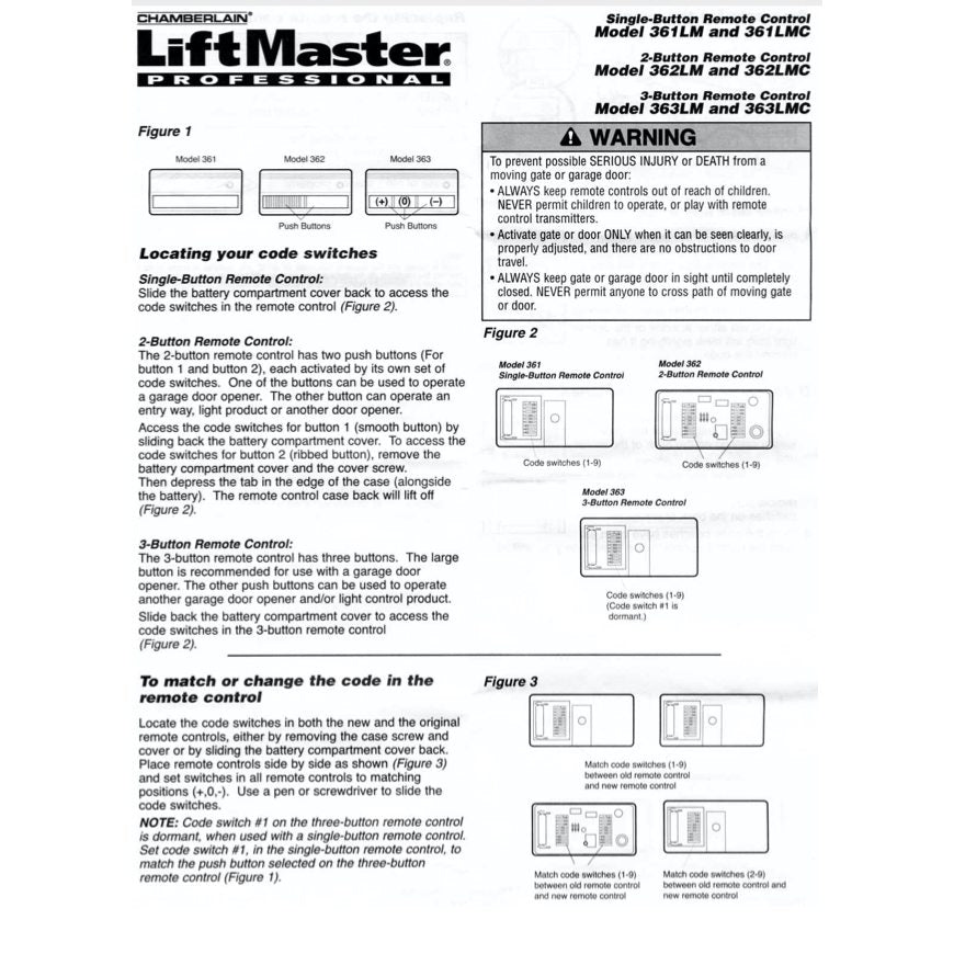 Control remoto para abre-puertas de garaje AccessMaster 361LM con 1 botón y visera de 315 MHz