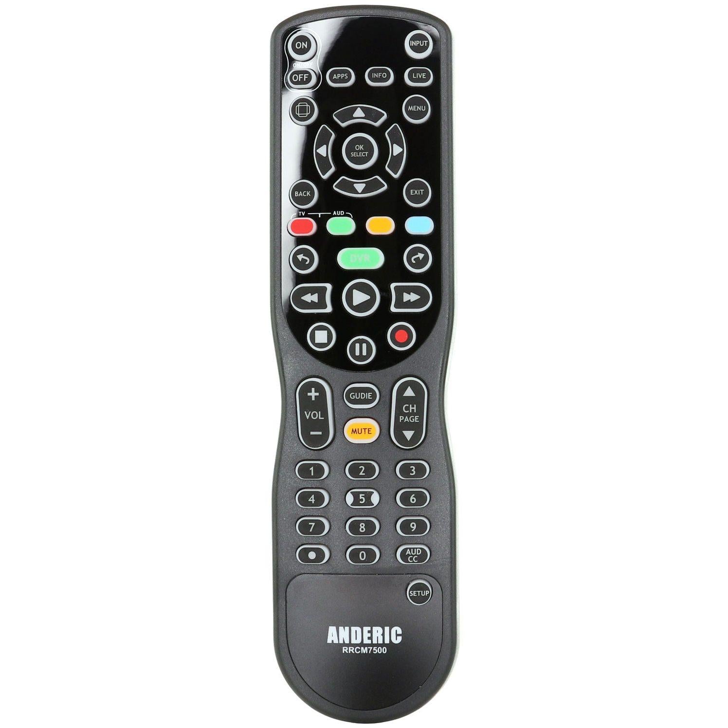 The stylish Anderic CM7500XRC2 remote control, compatible with Samsung TVs, features buttons for power, navigation, volume, channels, and playback. It includes a numeric keypad and color-coded functions for easy control.