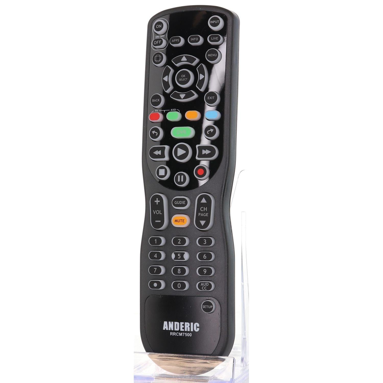 The Anderic CM7500XRC2, a black universal remote control for Samsung TVs and Channel Master DVRs, features numerous buttons for numbers, volume, channel, and playback. It is shown standing upright against a white background.
