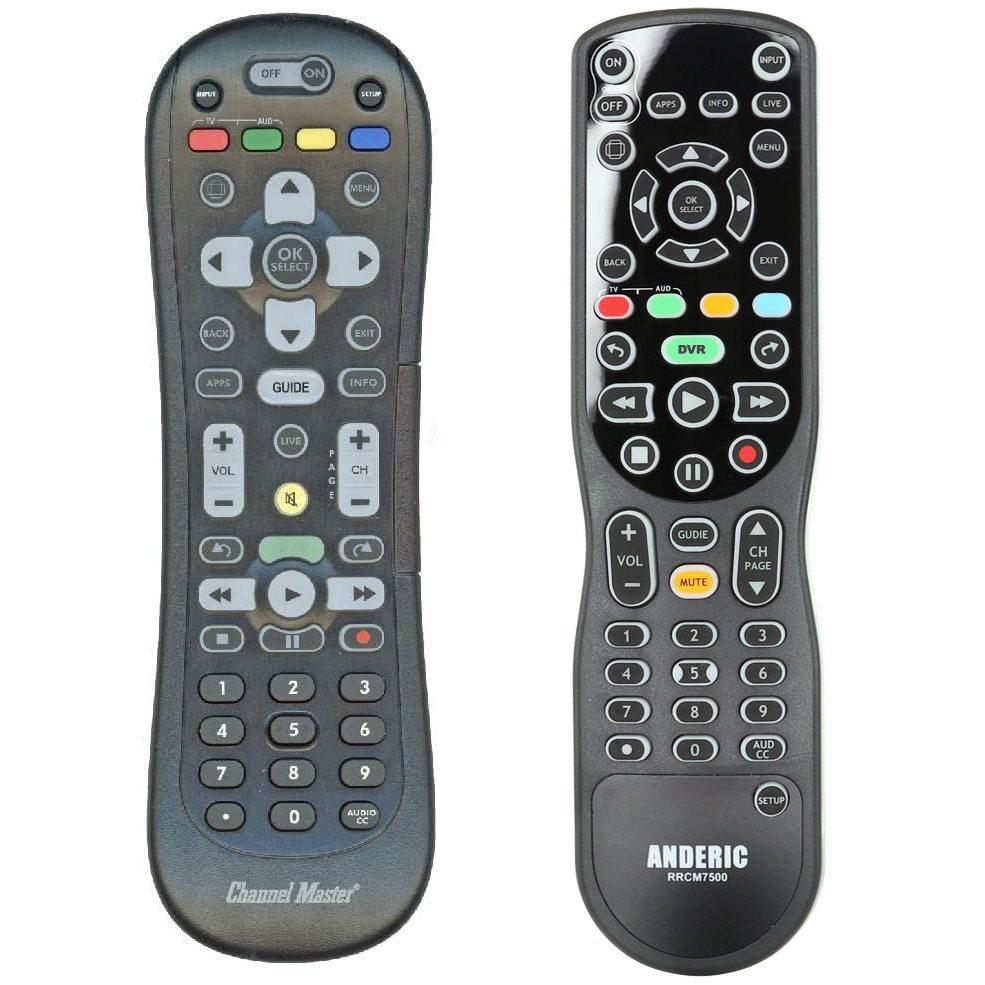 Two TV remote controls sit side by side. The left, Anderic CM7500XRC2 for Channel Master DVRs, and the right is the Anderic RRCM7500 for Samsung TVs. Both remotes feature buttons for channels, volume, and playback functions.