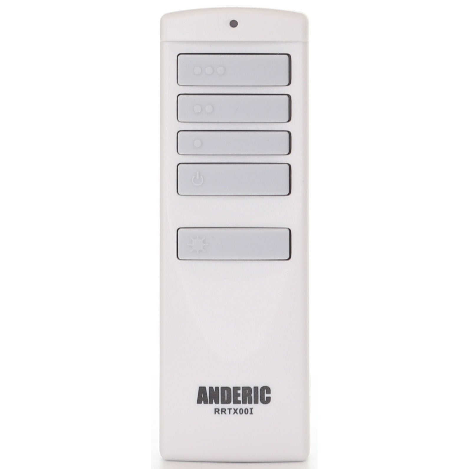 White Anderic A25-TX00I remote for Harbor Breeze ceiling fans, featuring five vertically arranged grey buttons to adjust speeds.