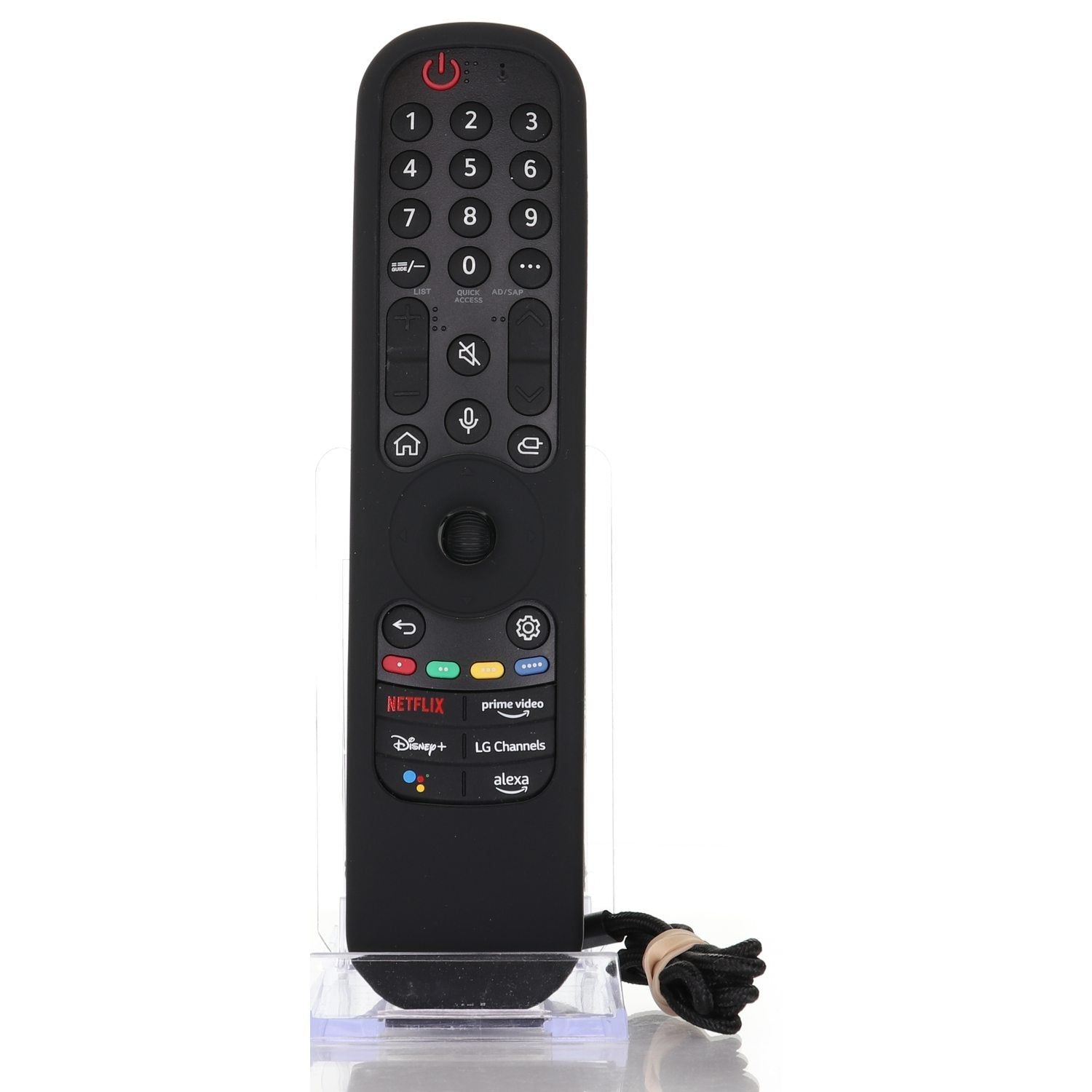 A Silicone Protective Cover for the black LG Smart TV Magic Remote (models AN-MR21GA/AN-MR22GA) featuring buttons for Netflix, Prime Video, Disney+, Alexa, numerical keys, and navigation buttons. It stands upright on a clear stand.
