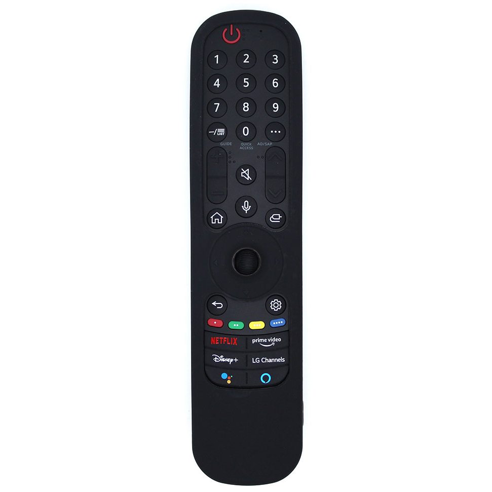 The sleek black LG AN-MR21GA TV remote includes a numeric keypad, navigation buttons, and dedicated streaming service buttons like Netflix and Prime Video. It's compatible with the optional Silicone Protective Case for extra durability, ideal for enhancing your LG Smart TV Magic Remote experience.